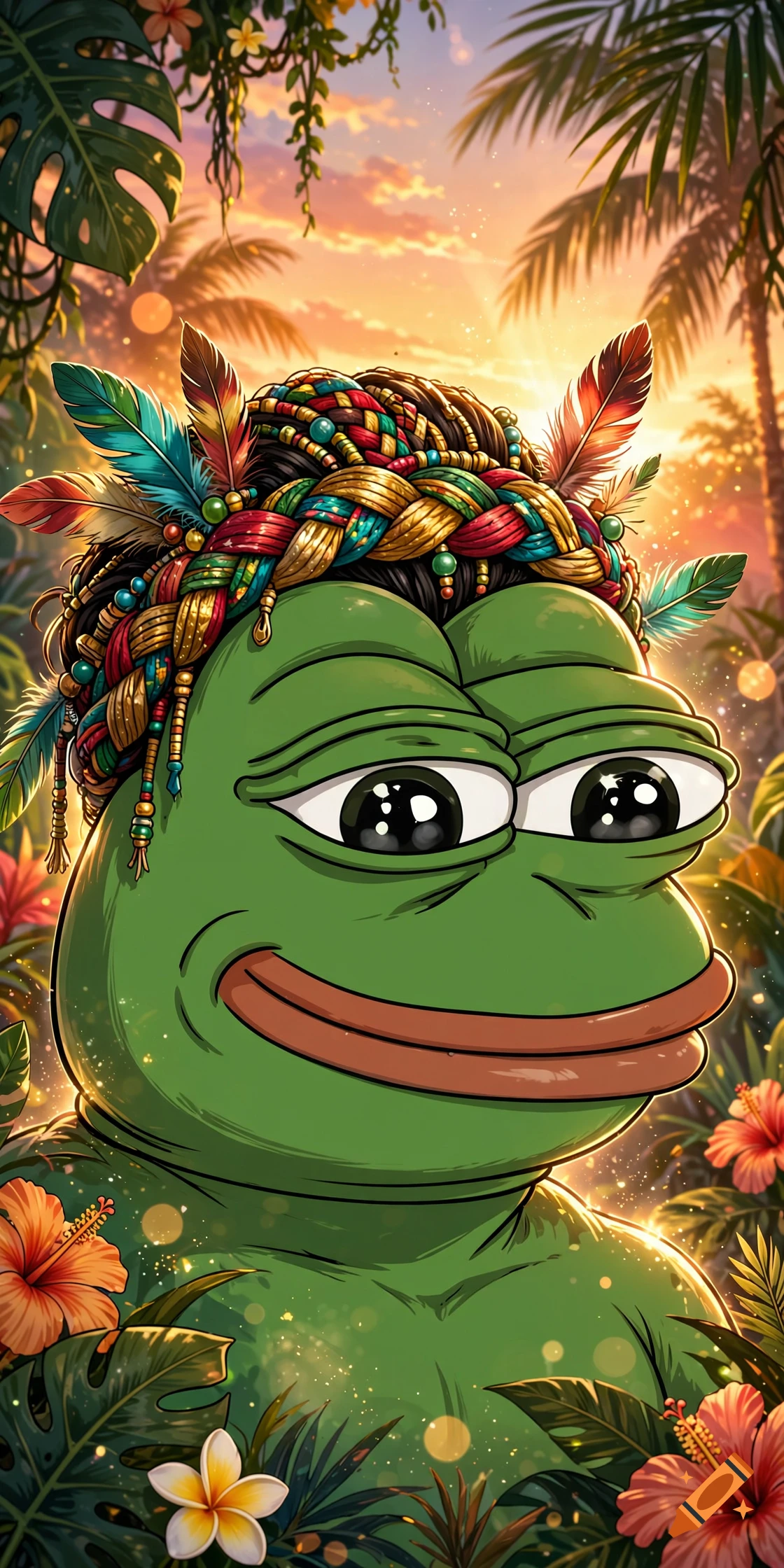 Digital illustration of Pepe the Frog wearing an elaborate beaded and feathered headdress in a tropical sunset setting.