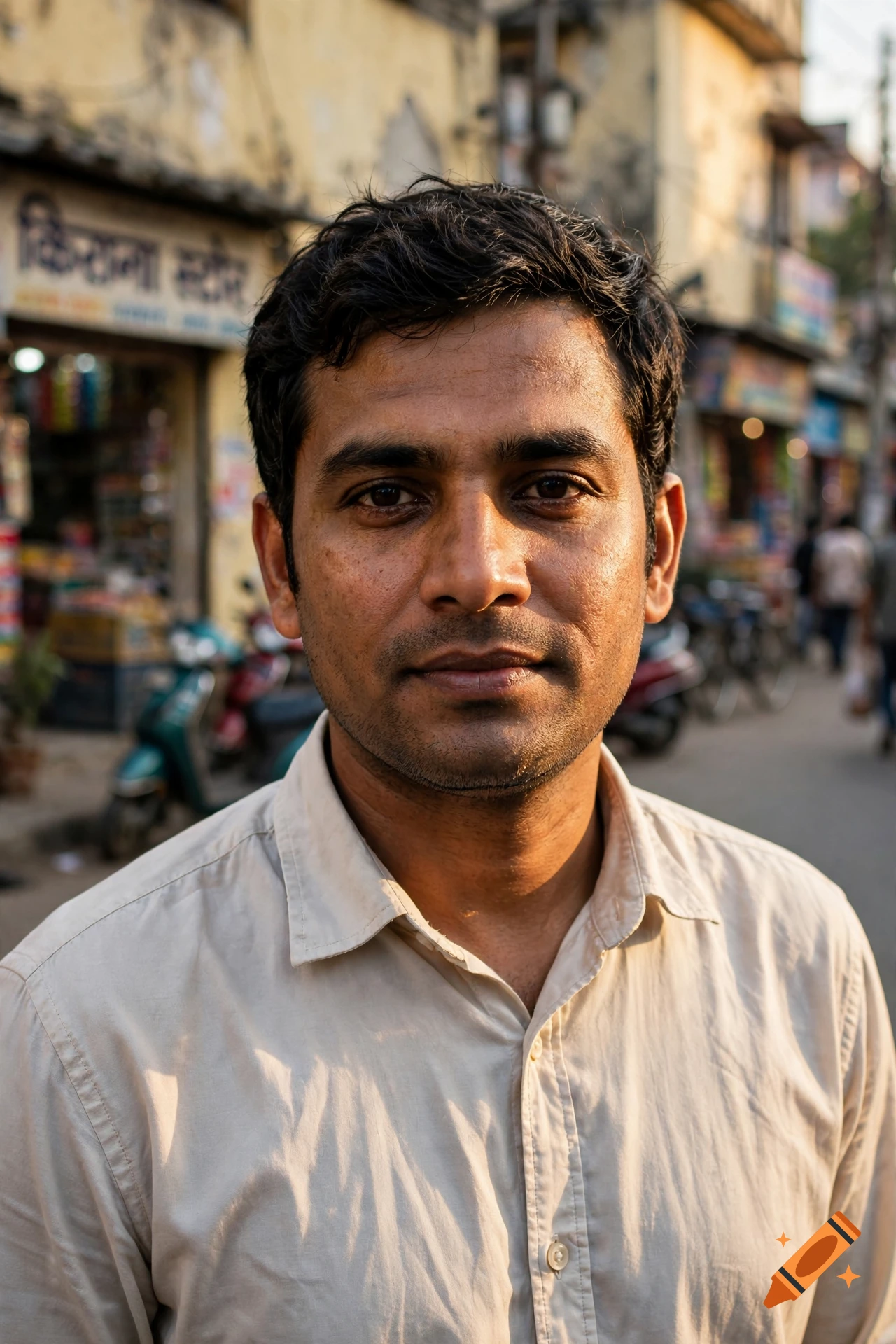 Close-up photorealistic portrait of an Indian man outdoors in a bustling street setting during daylight.
