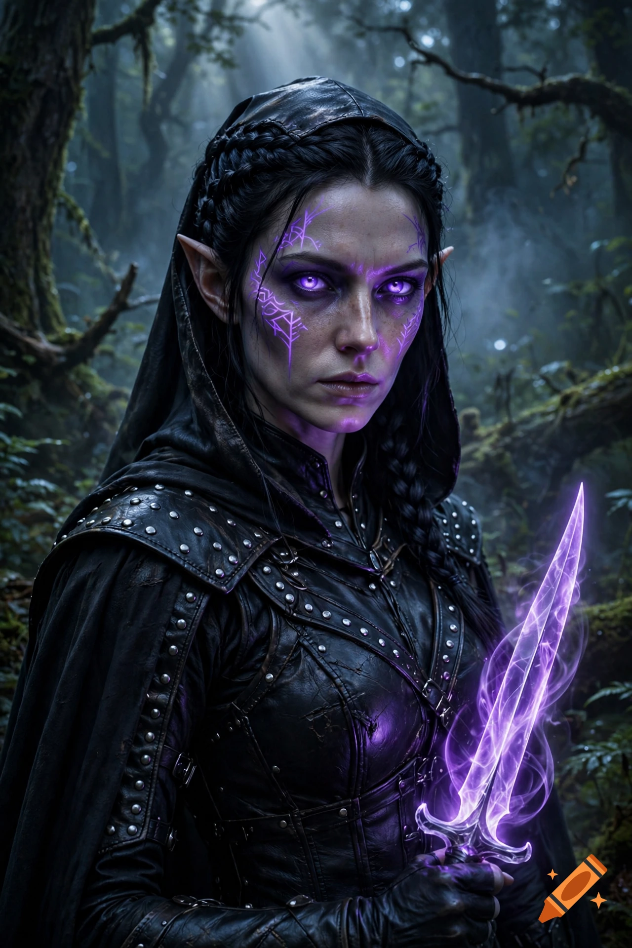 Hyper-realistic dark fantasy portrait of a female dark elf warrior with glowing purple eyes, tattoos, and dagger in a misty forest.
