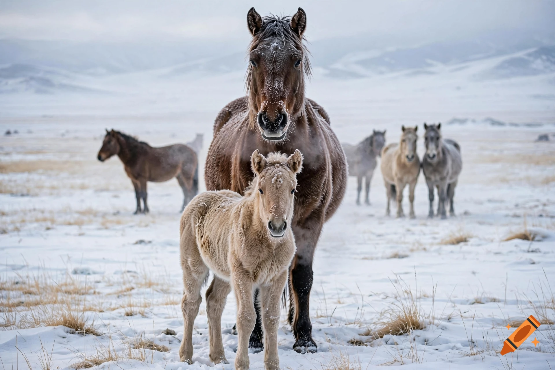 A herd of horses stands in a snow-covered landscape, featuring a light-colored foal and a dark adult horse in the foreground.