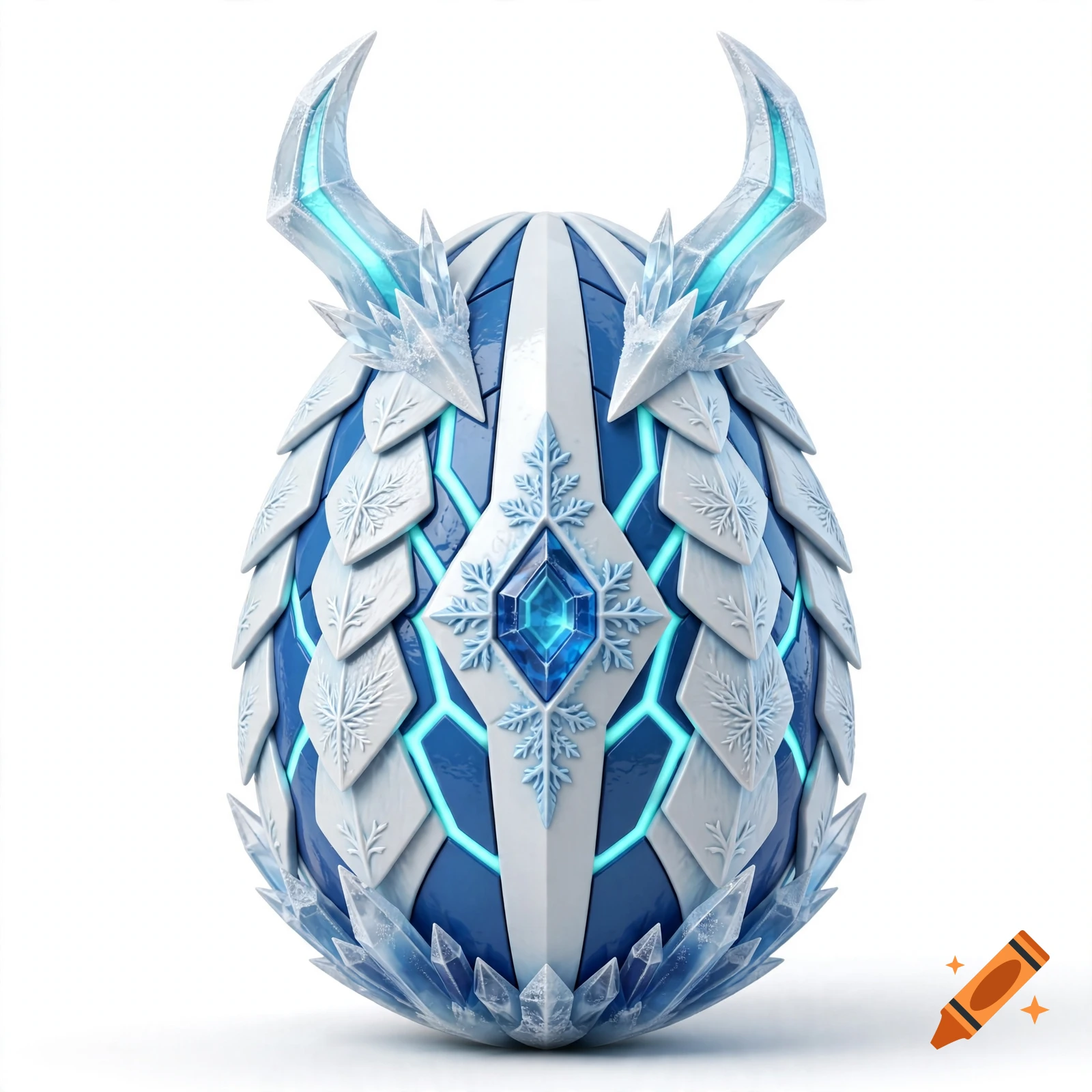 3D stylized blue and white Pokemon egg design resembling Mega Kyurem with glowing blue ice crystals and accents, on a white background.