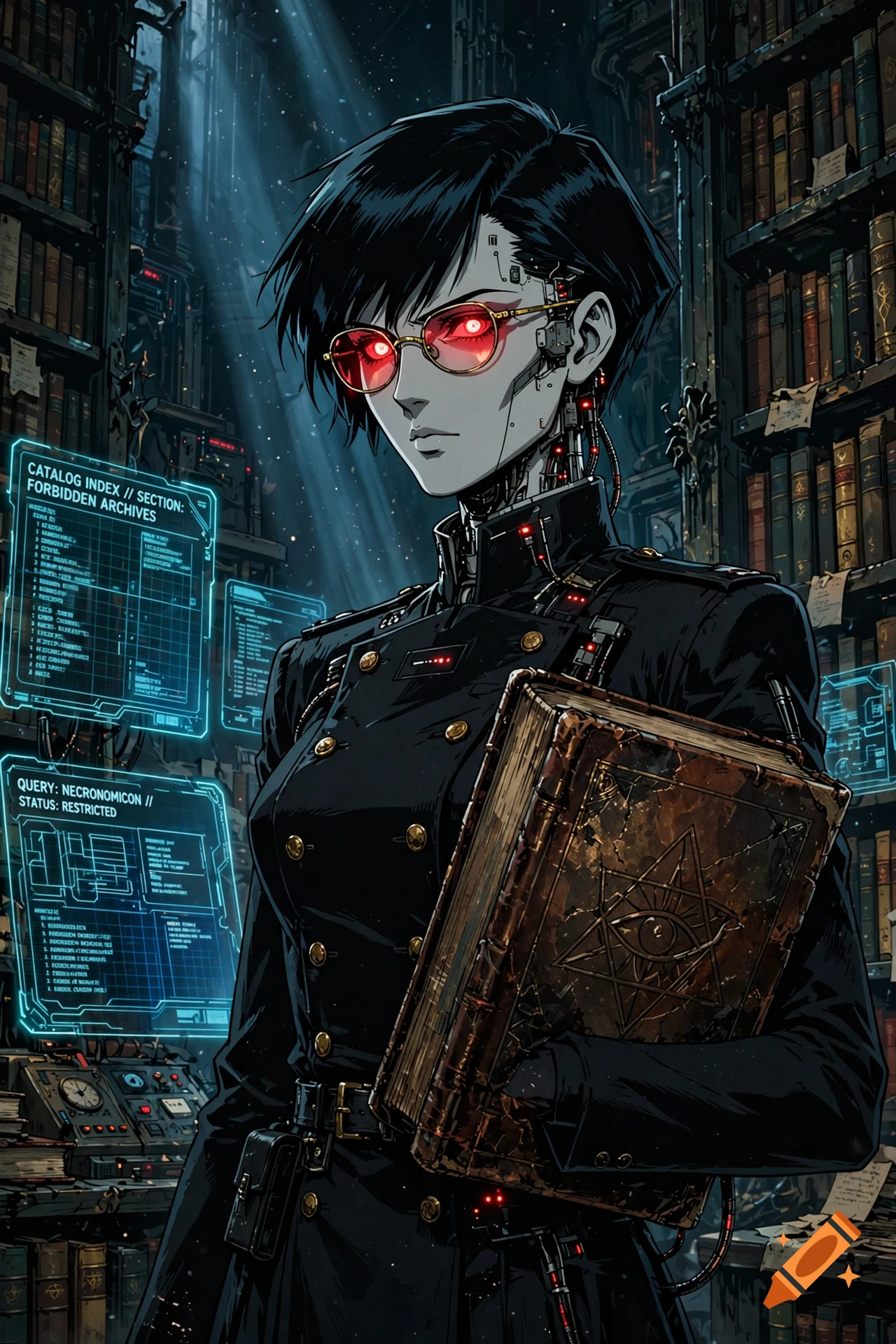 Anime style illustration of an 80s dark android librarian with red glasses holding a large book in a library.
