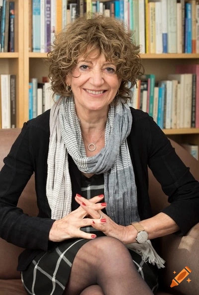 Photorealistic portrait of a smiling woman with curly hair wearing a black jacket and grey scarf, sitting in front of a bookshelf.