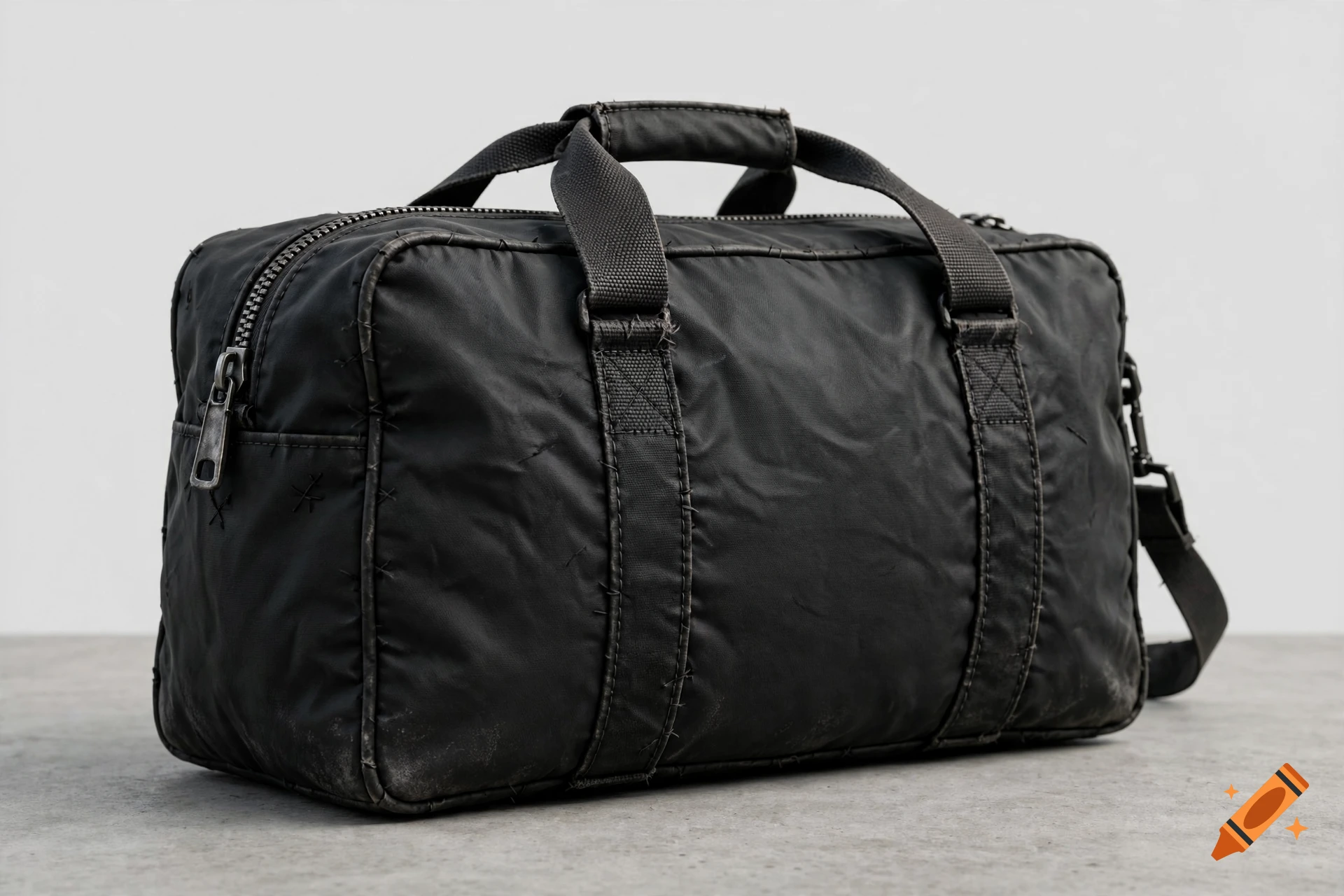 Photorealistic image of a closed, black, medium-sized duffel bag on a concrete surface against a plain white background.