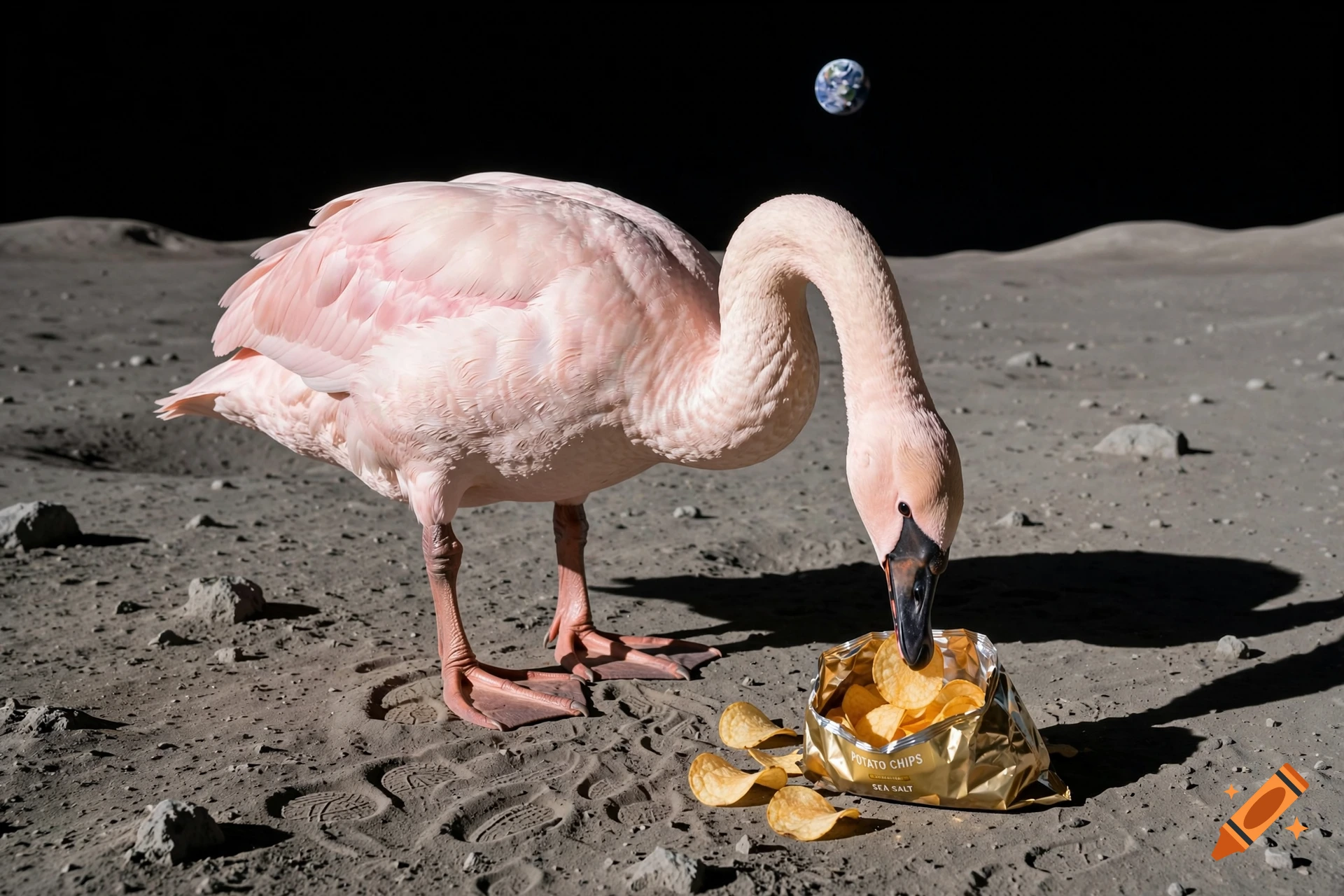 A photorealistic image of a pink swan standing on the moon's surface, eating potato chips from an open bag with Earth in the background.