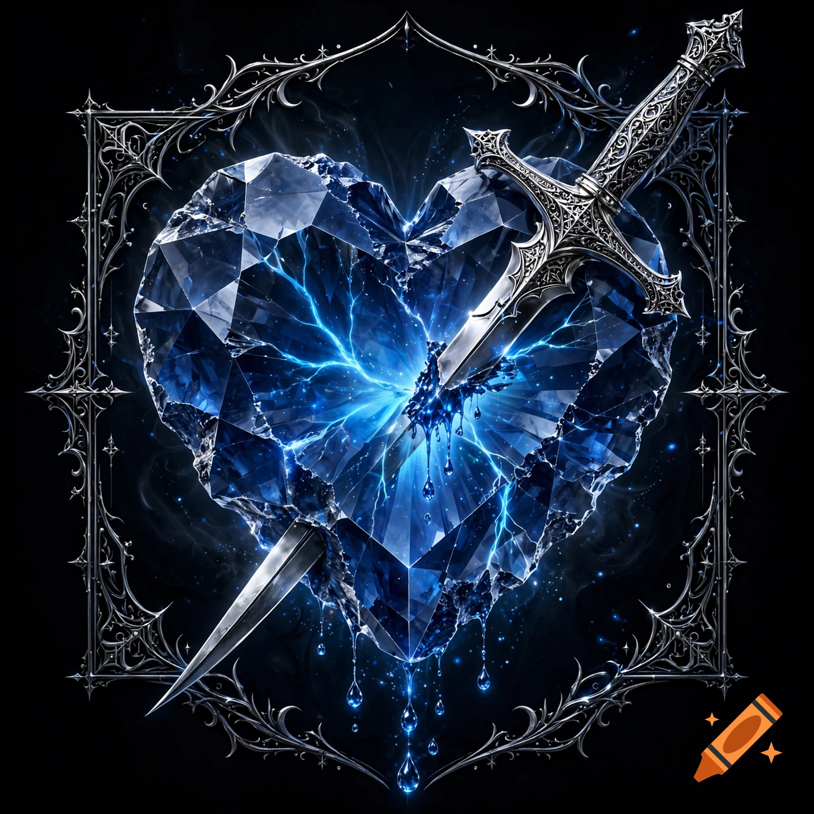 An ornate dark fantasy logo featuring a glowing blue sapphire heart pierced by a silver dagger, surrounded by intricate silver filigree frame on a black background.