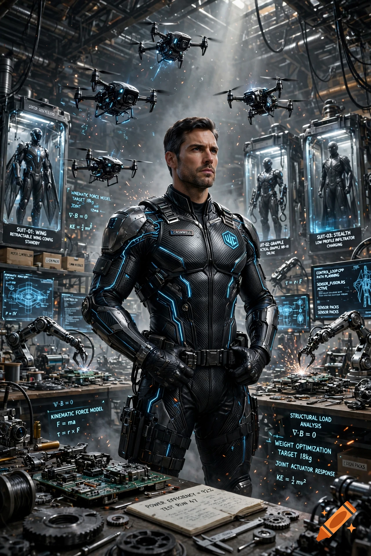 Photorealistic scene of Winston Cromwell in a high-tech armor suit inside a workshop surrounded by drones and glowing holographic physics equations.