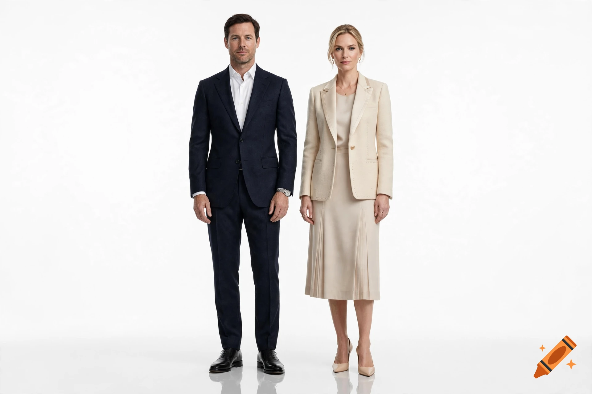 Full-length photorealistic portrait of a well-dressed man in a navy blue suit and a woman in a cream-colored suit standing against a white background.