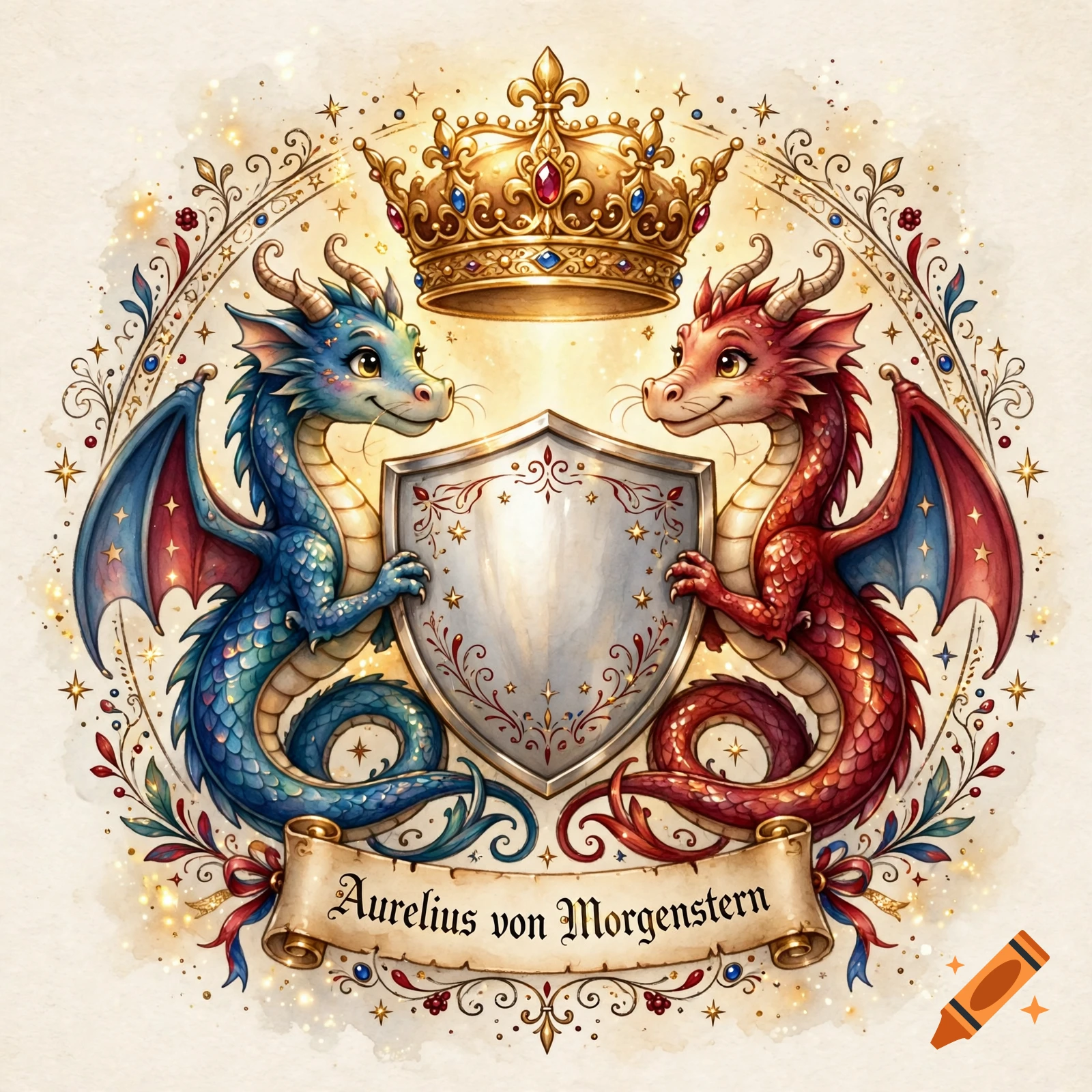 Watercolor illustration of a royal crest with a crown, shield, and blue and red dragons, featuring the text 'Aurelius von Morgenstern'.