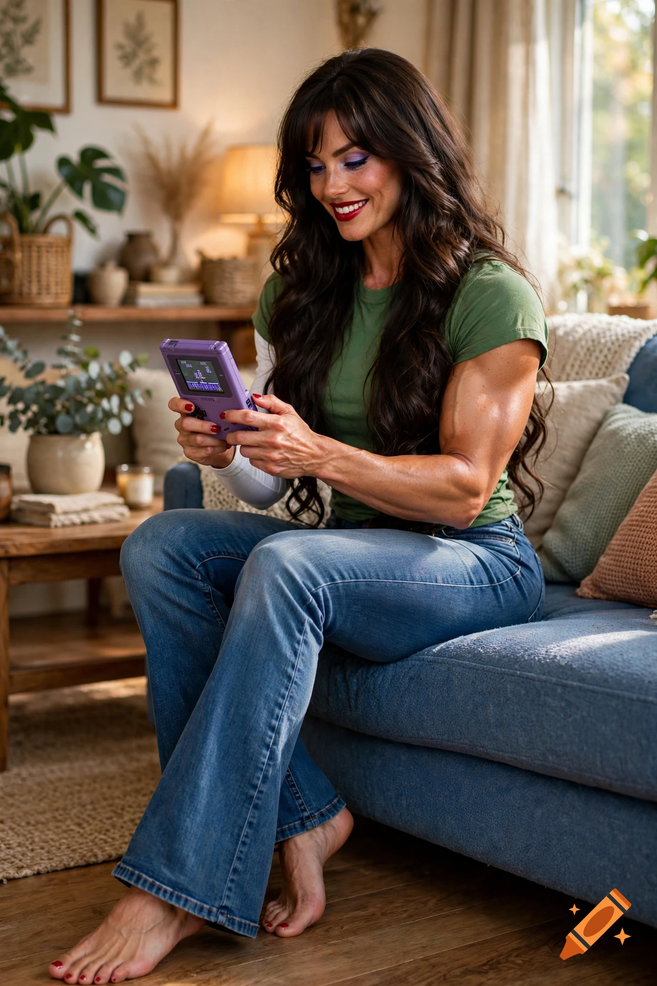 A muscular woman with long brown hair sitting on a blue sofa while playing a handheld video game console.