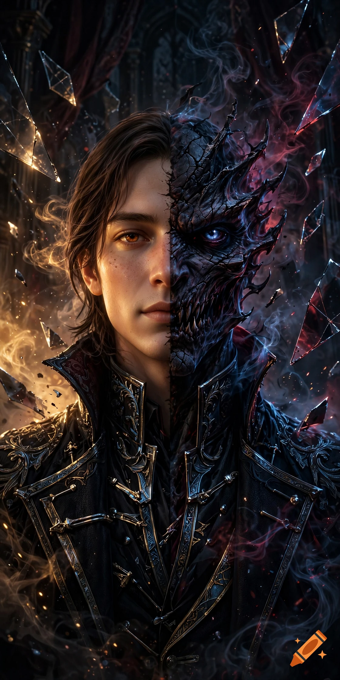 Close-up digital portrait of a young man with dark hair, one half of his face is human and the other half is a demonic, scaly creature with a glowing blue eye, set against a dark, shattered glass background.