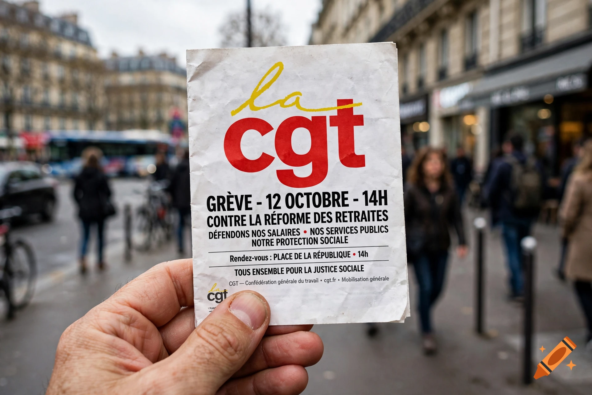 A hand holding a French CGT labor union protest flyer on a city street in Paris.