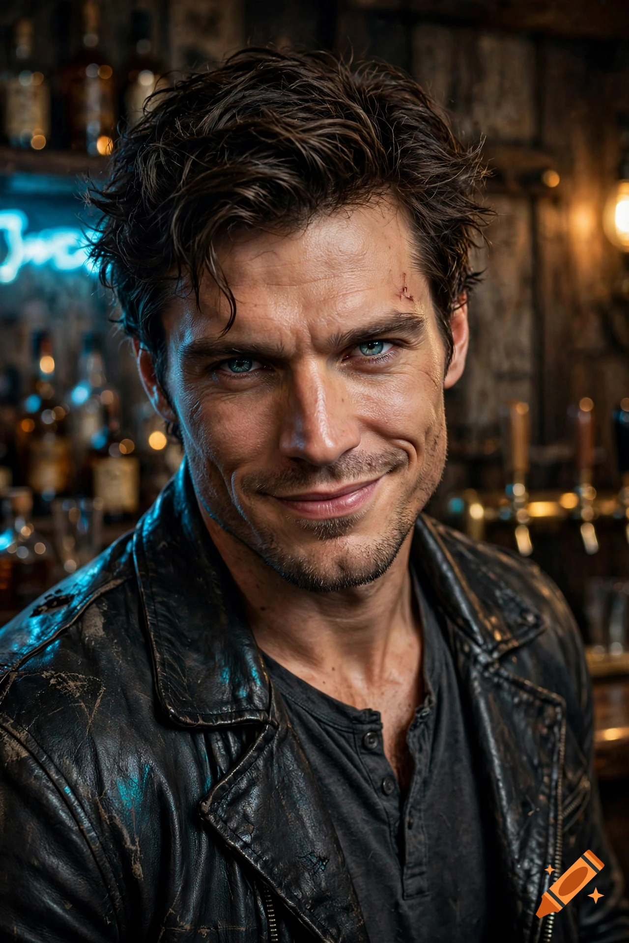 Cinematic photorealistic portrait of a handsome man with messy dark hair and blue eyes, wearing a black leather jacket in a tavern.