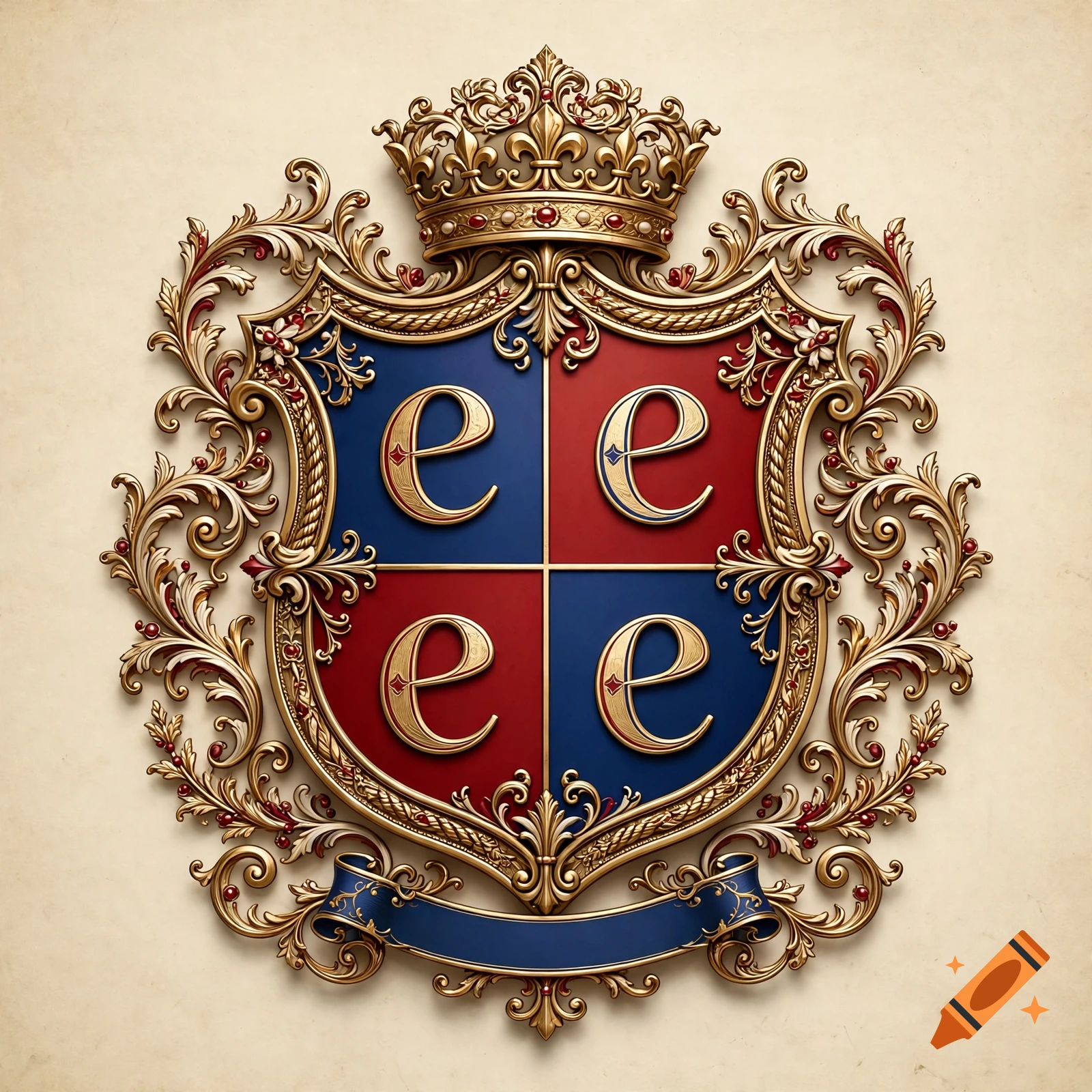 An ornate coat of arms with a gold crown, red and blue quarters, and the letter e in each section.