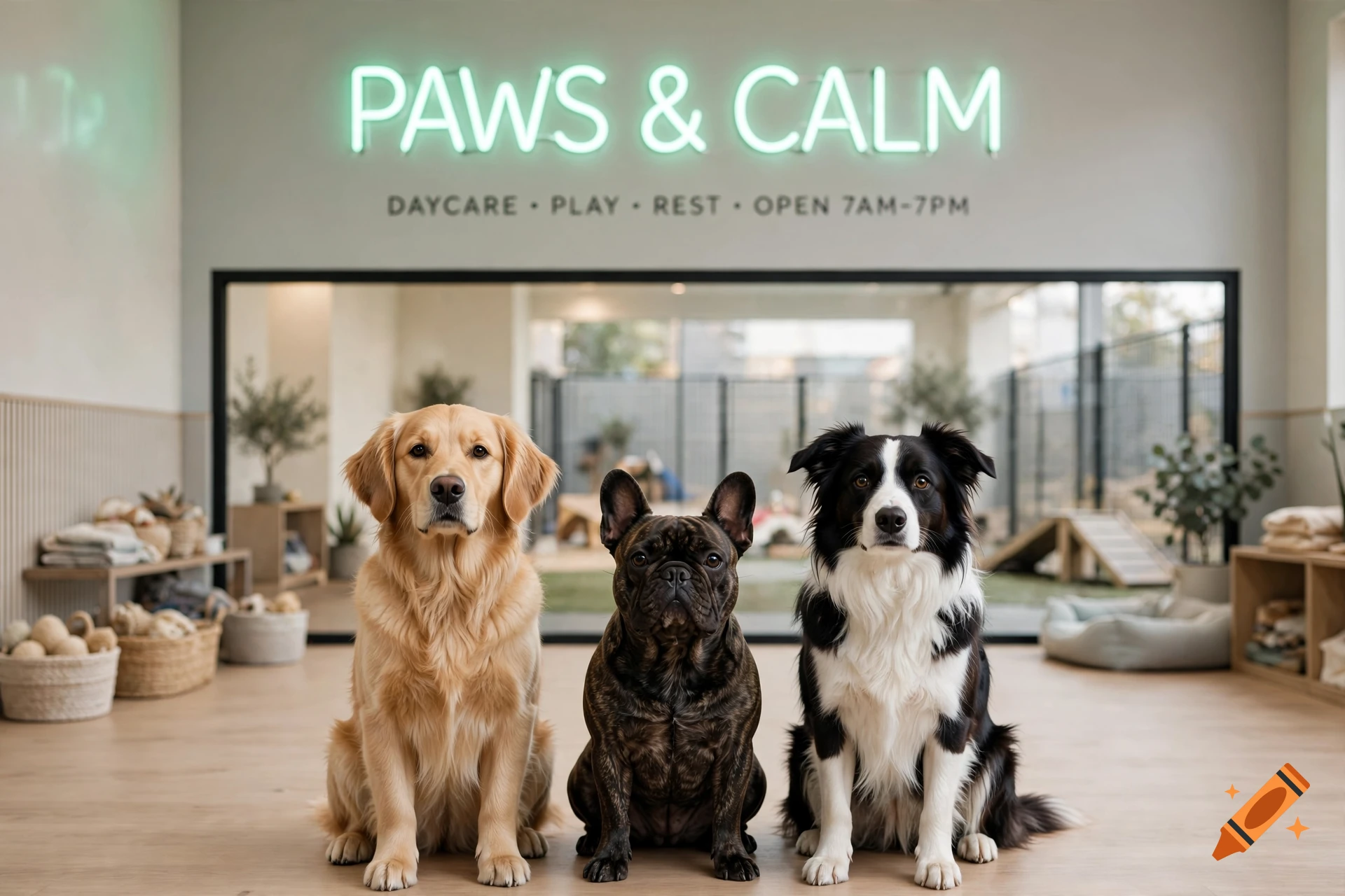 Photorealistic image of a golden retriever, a French bulldog, and a border collie sitting inside a dog daycare.