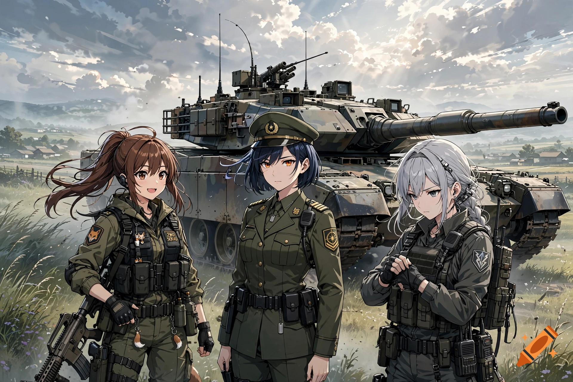 Three anime-style military girls in green uniforms standing in front of a modern tank in a grassy countryside.