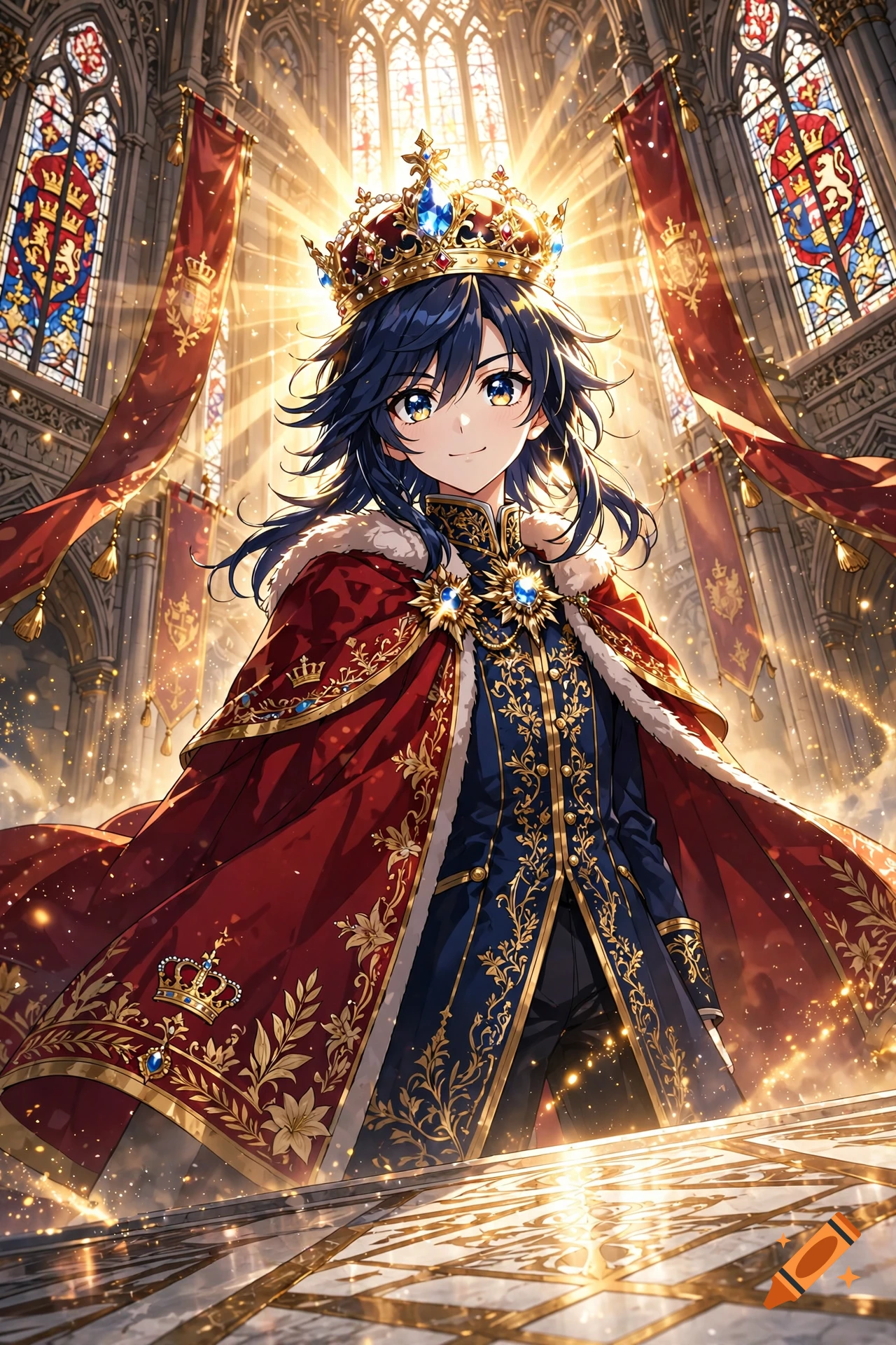 Anime style illustration of a young royal figure with a crown and cape inside a grand cathedral.