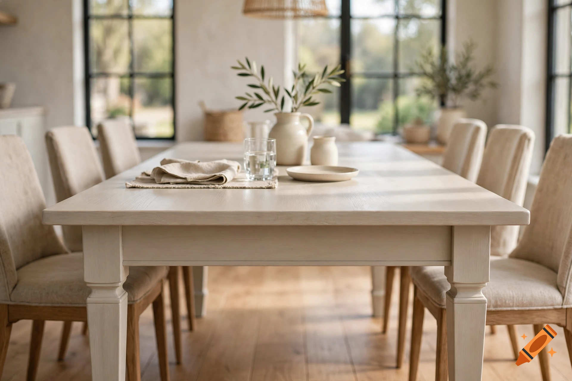 Photorealistic dining room with a white wooden table, matching chairs, and a vase with olive branches.