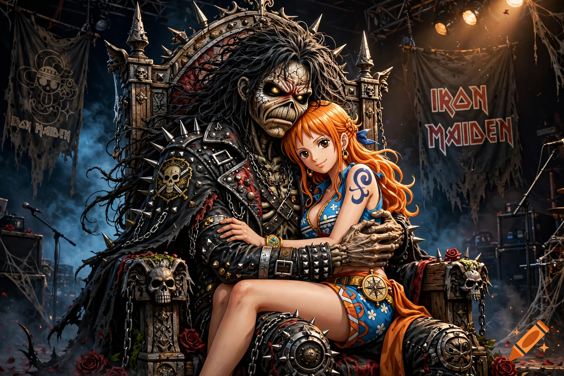 Eddie from Iron Maiden embracing Nami from One Piece on a throne in a concert venue, digital art style.