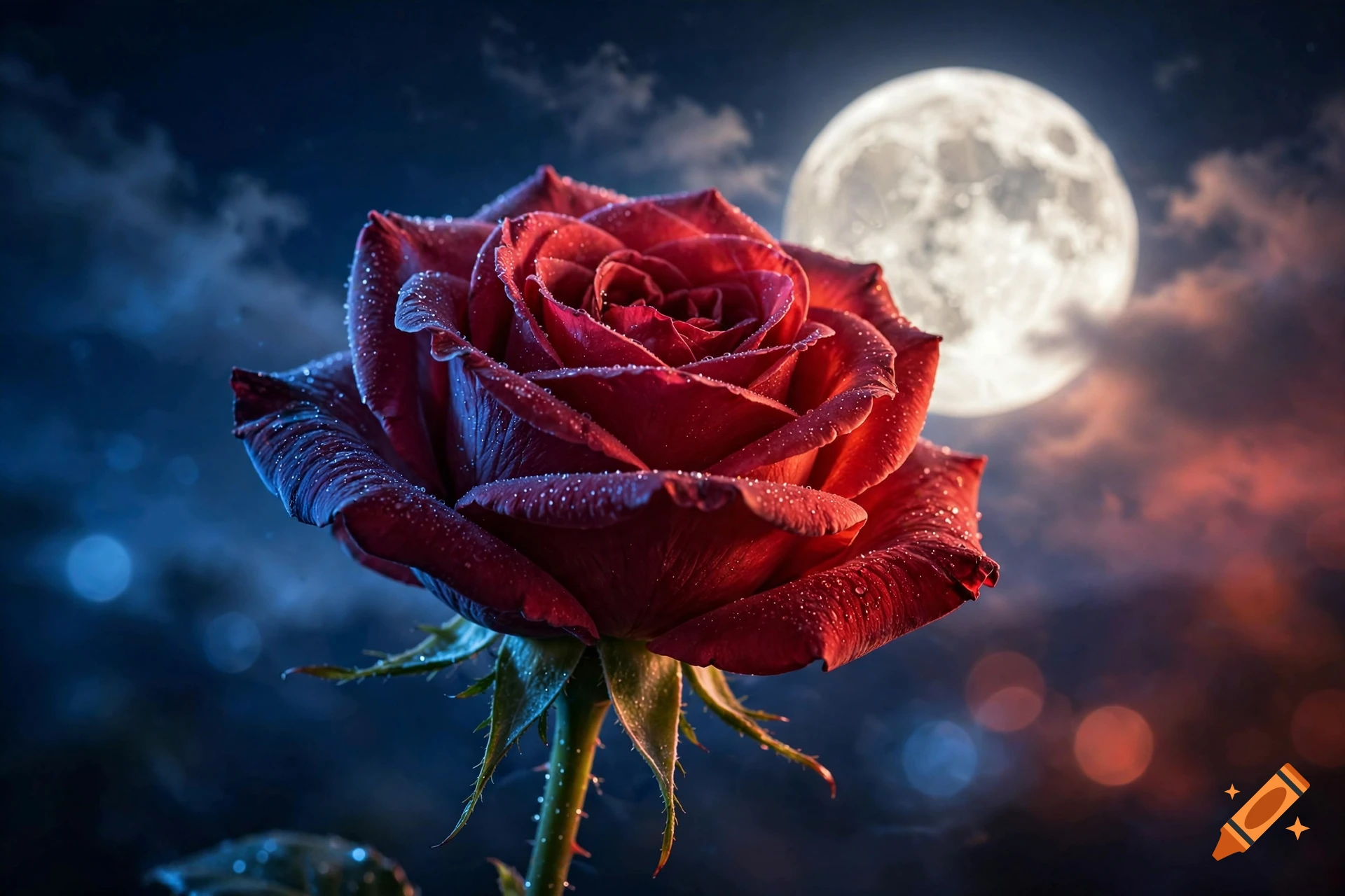 Close-up photorealistic shot of a deep red rose with dew drops, against a backdrop of a full moon, clouds, and blue and red ambient lighting.