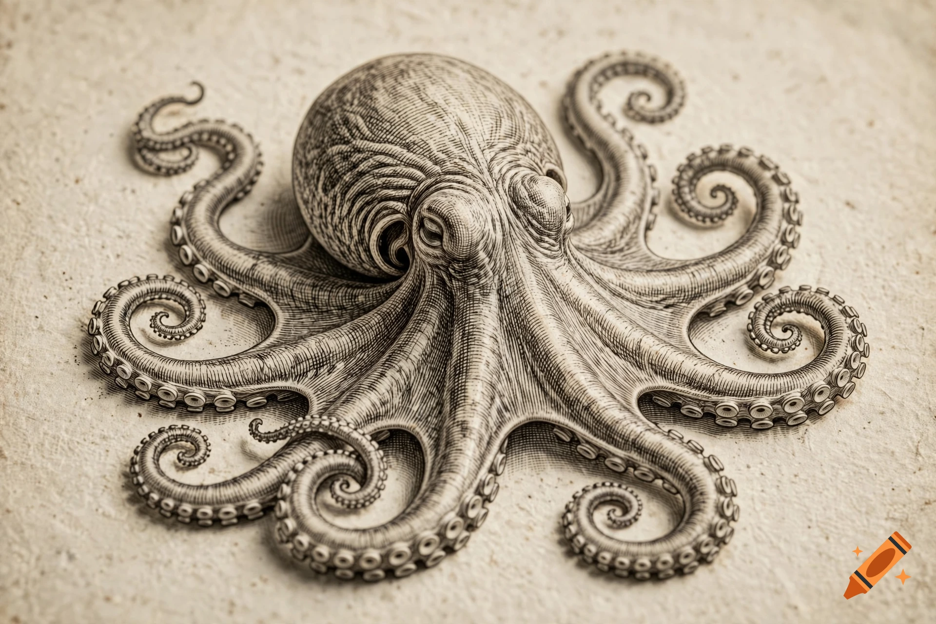 Detailed vintage engraving of an octopus with detailed tentacles on textured paper background.