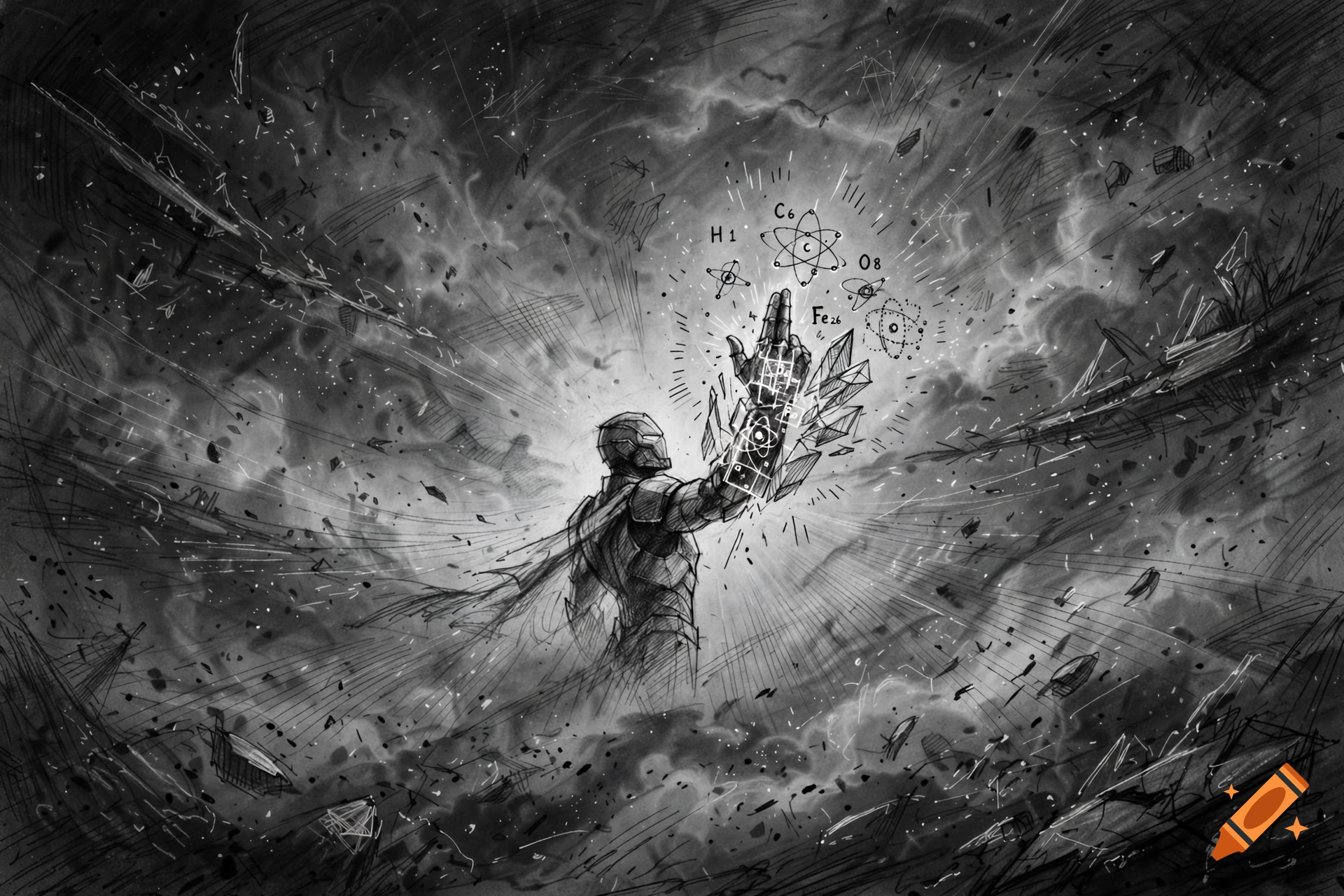 Monochrome digital sketch of an armored figure in a cosmic vortex, holding up a glowing hand surrounded by periodic table elements.