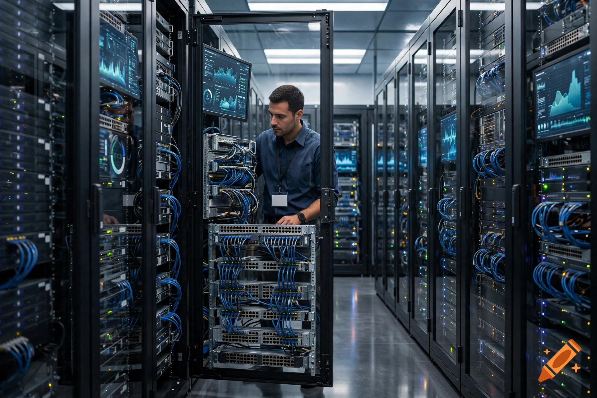 Photorealistic image of a male technician standing in a modern server room, checking network equipment.