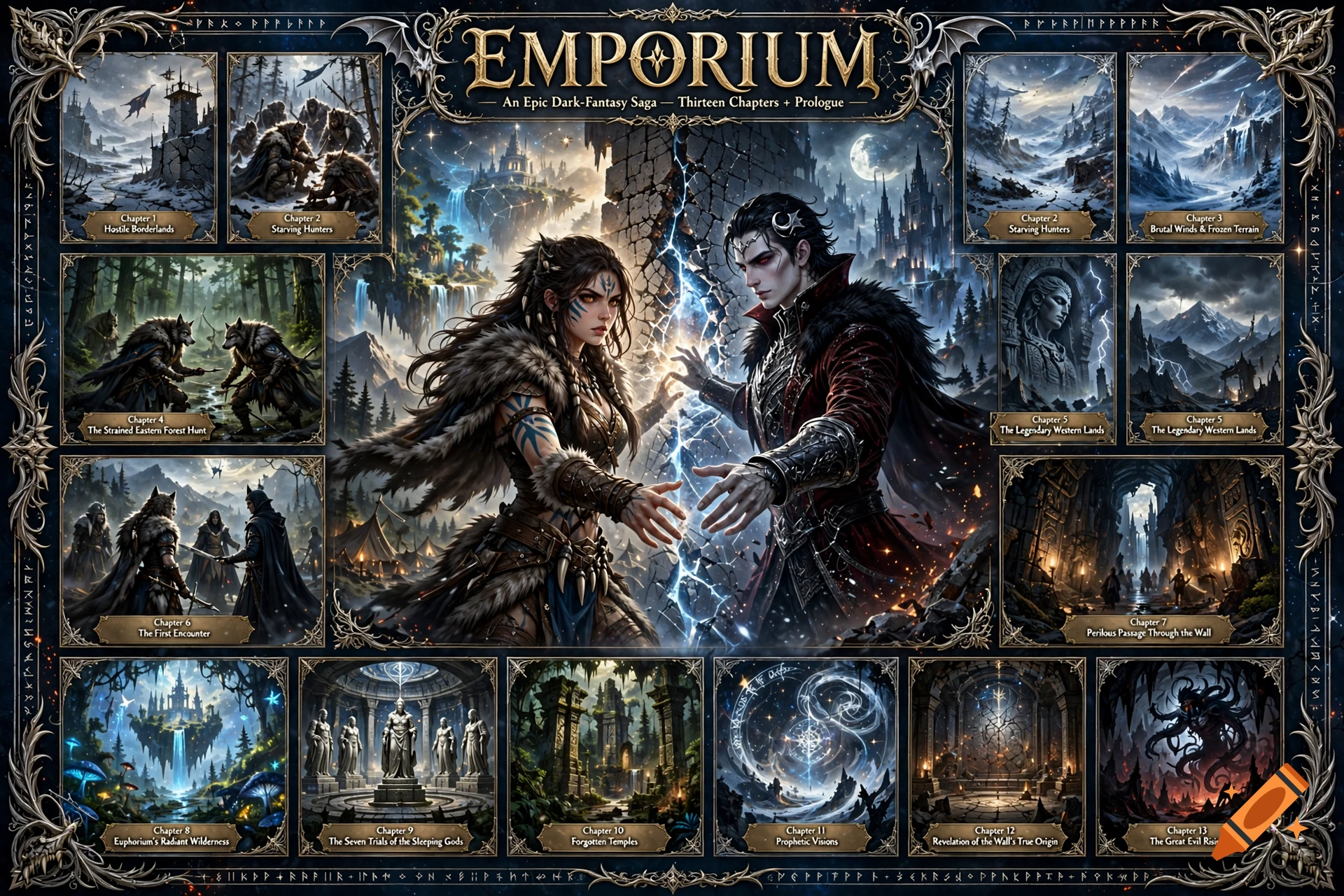 An epic dark fantasy book cover titled 'Emporium' featuring 13 chapter art panels surrounding a central illustration of a male and female warrior.