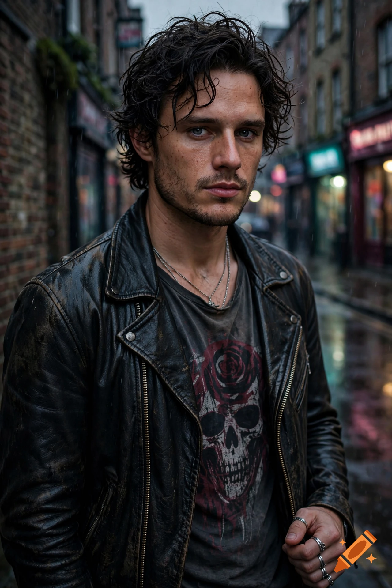 Photorealistic portrait of a young man with dark wavy hair and a leather jacket standing in a rainy street.