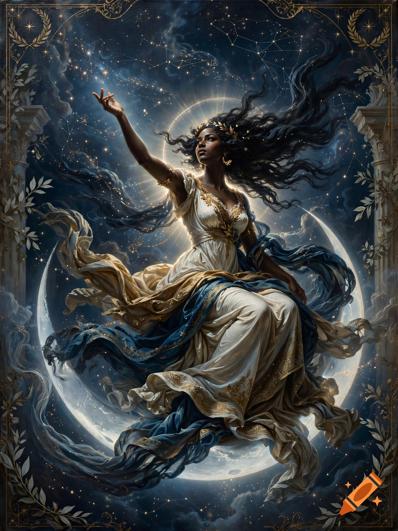 Greek mythology style painting of a Black woman with flowing hair and dress, sitting on a crescent moon reaching out.