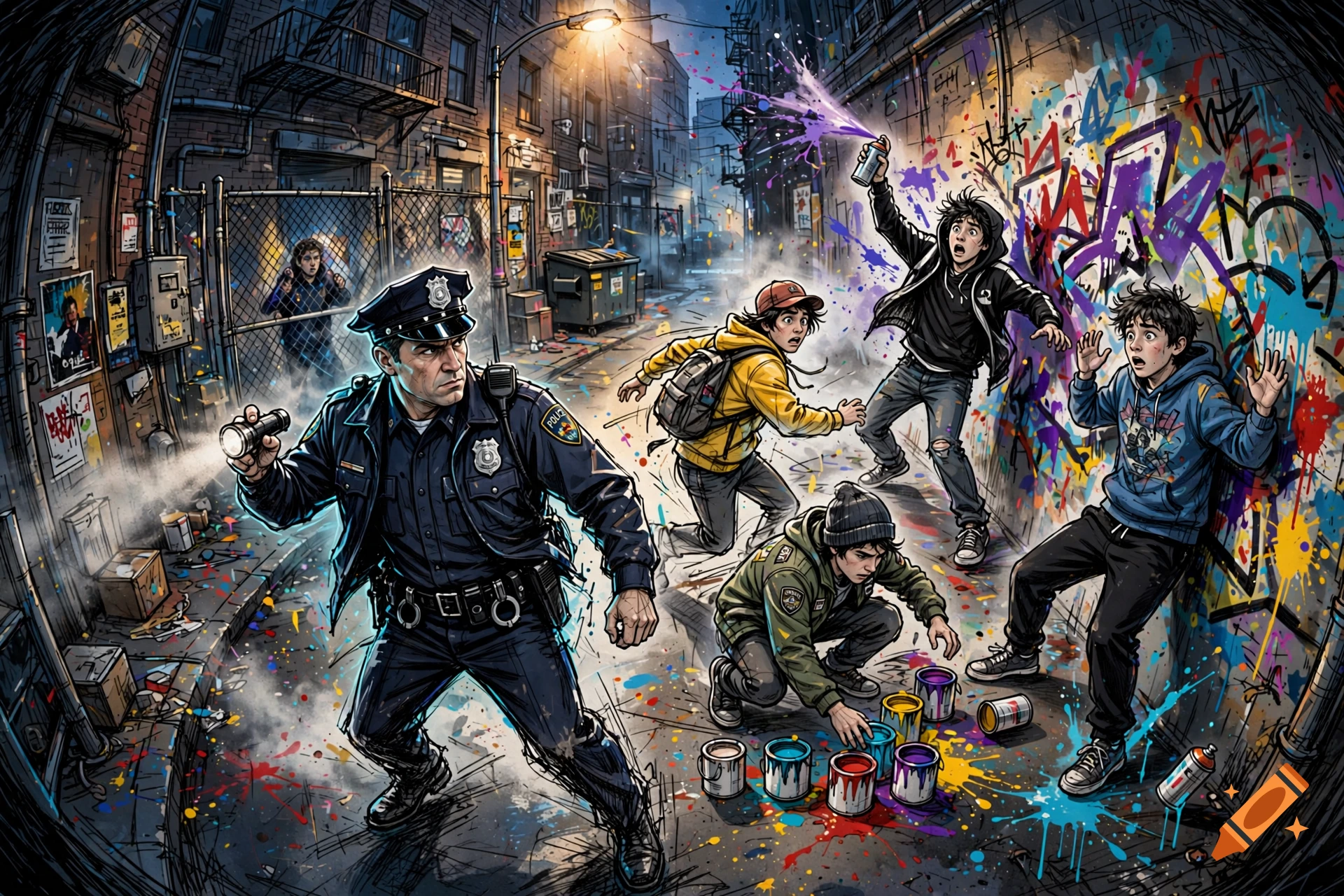 Comic style illustration of a police officer catching teenagers spray painting graffiti in an alleyway, fisheye perspective.