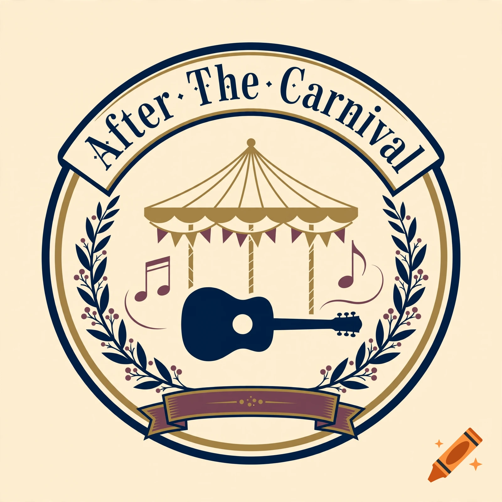 Circular logo with carousel, guitar, music notes, and text After The Carnival, in vintage illustration style.