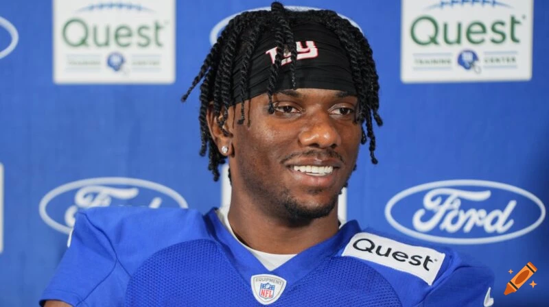 Close-up of Malik Nabers smiling in a New York Giants uniform with a Quest logo background.