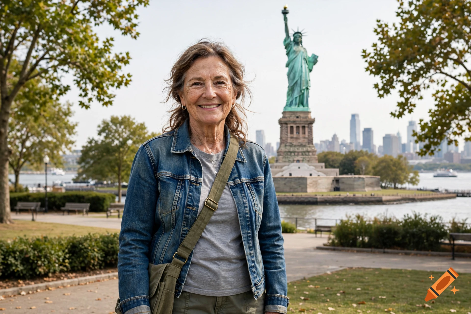Photorealistic portrait of a smiling woman standing on Liberty Island with the Statue of Liberty in the background.