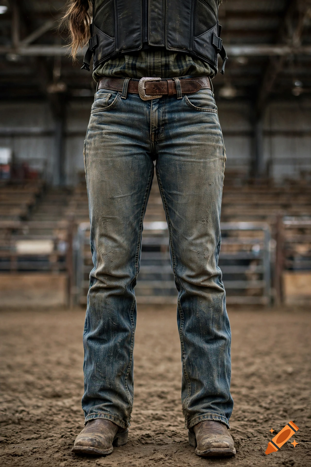 Photorealistic waist-down shot of a cowgirl wearing rugged muddy jeans and boots inside an indoor rodeo arena.