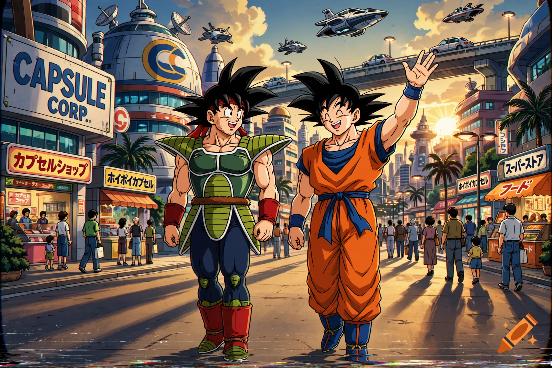 Bardock and adult Goku walking together on a bustling city street in retro anime style, with flying vehicles in the sky.