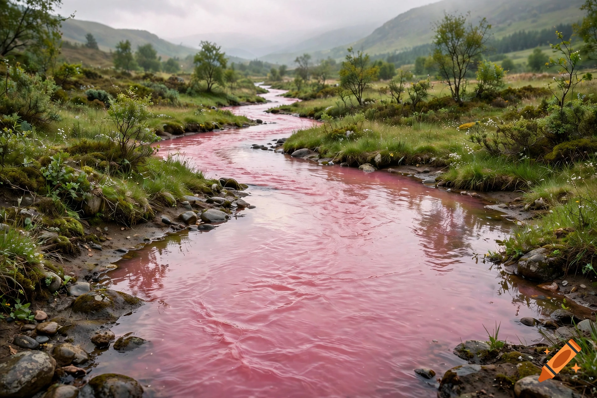 Photorealistic landscape of a winding river with vibrant pink water flowing through green hills and mountains.