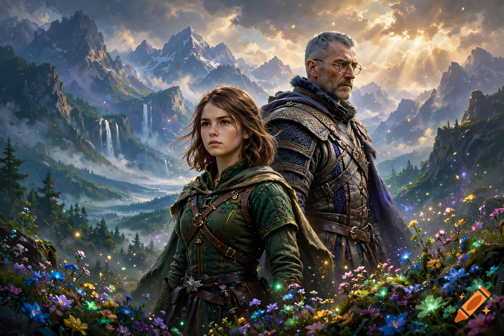 Digital painting of a young female adventurer and an older armored guardian in a majestic mountain landscape with wildflowers.