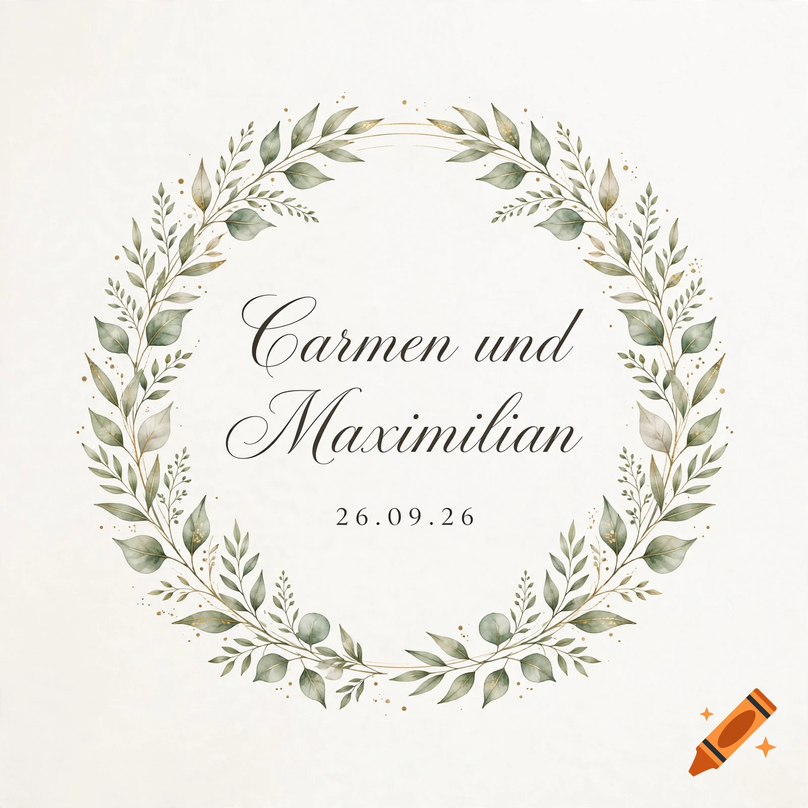 Watercolor floral wreath with green leaves and gold accents framing the names Carmen and Maximilian and the date 26.09.26