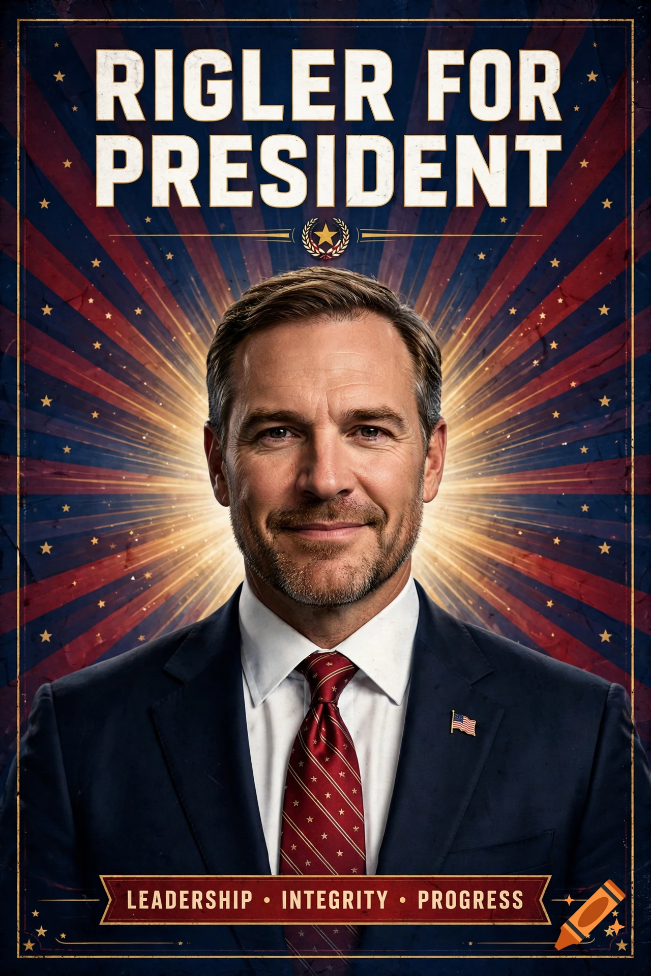 Campaign poster for Rigler for President featuring a portrait of a smiling man in a suit against a patriotic red, white, and blue background.