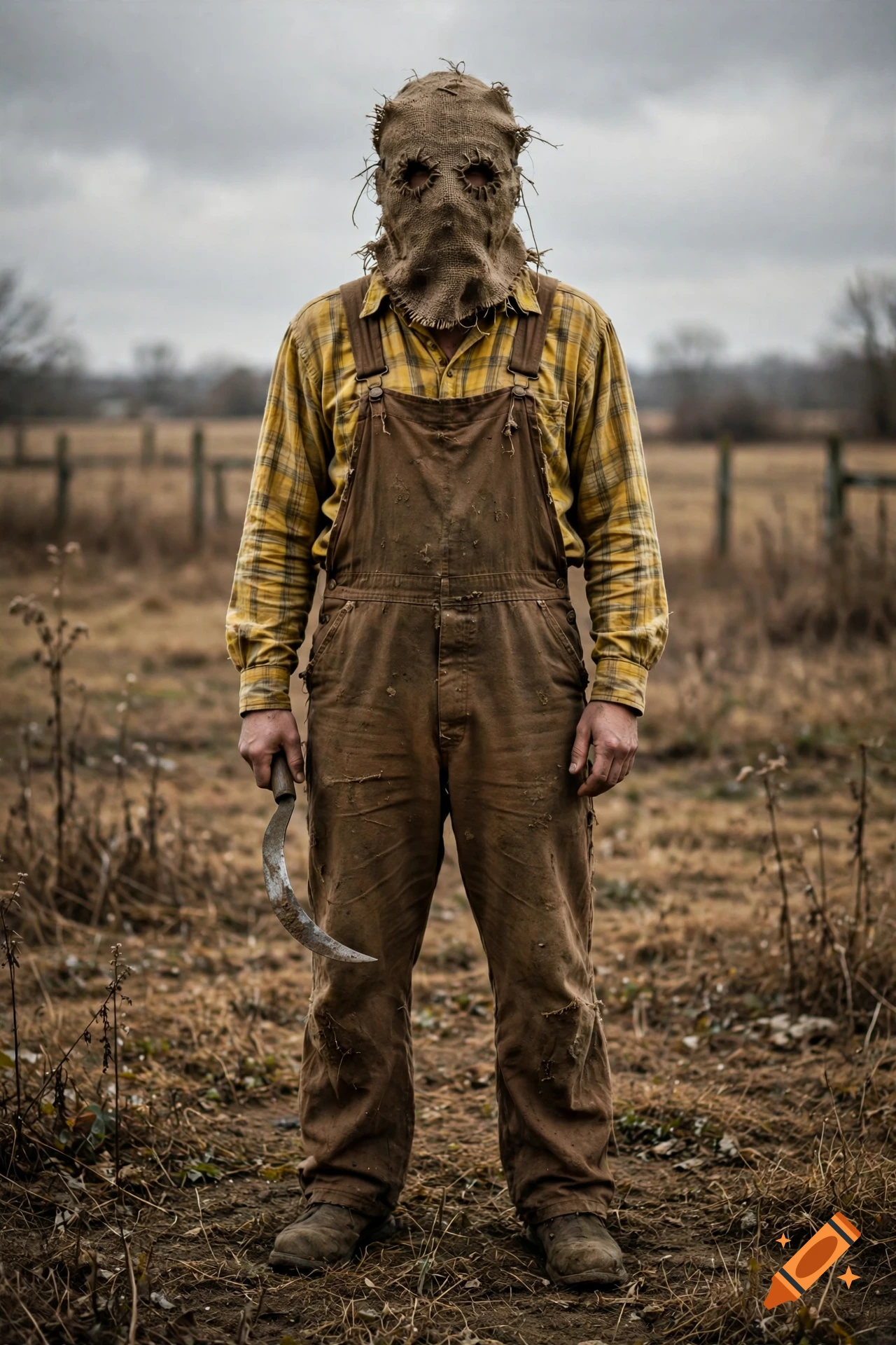 A photorealistic man wearing a burlap mask and brown overalls holds a sickle in a barren field.