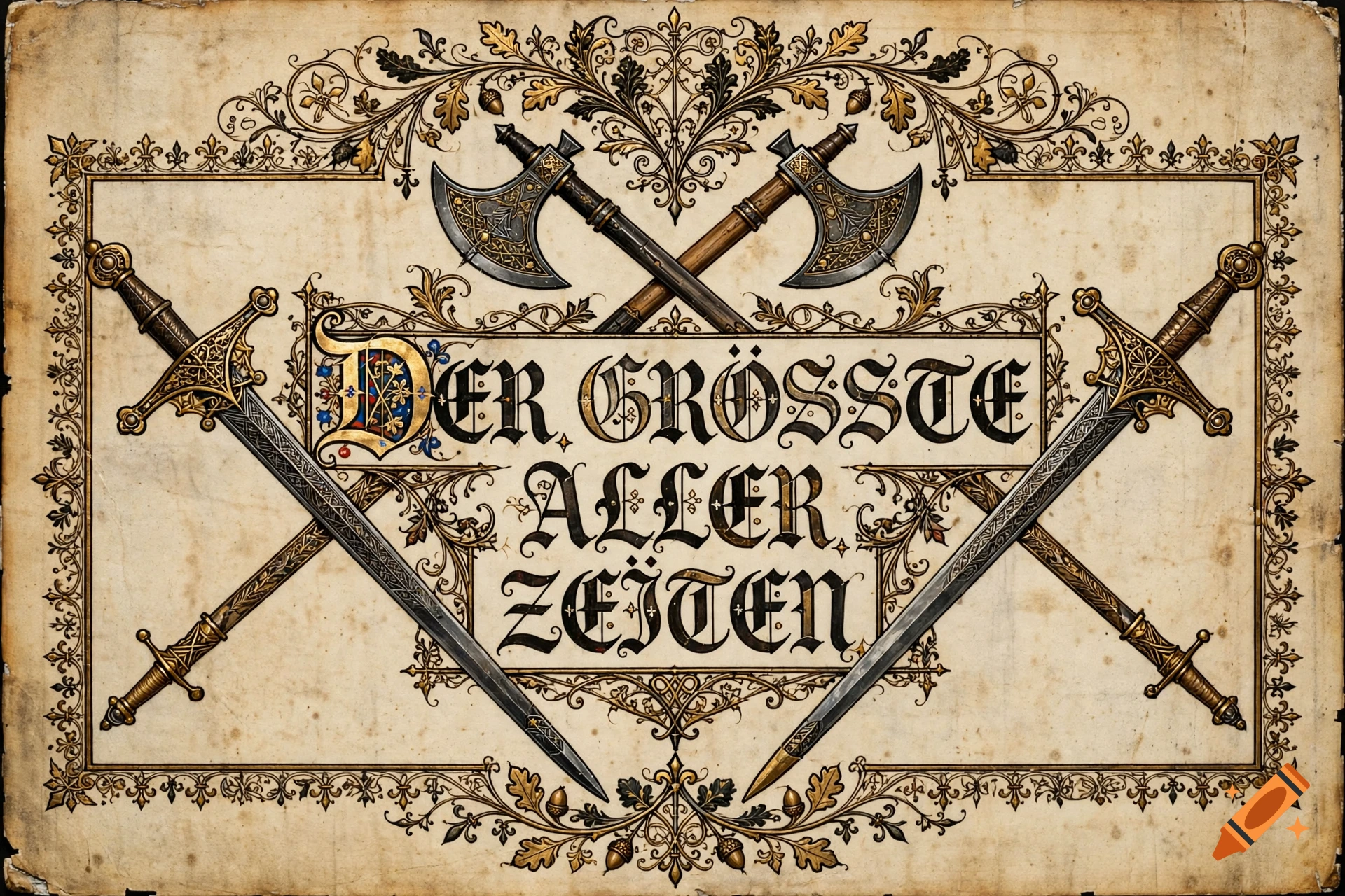 Medieval-style illustration featuring crossed swords, battle axes, decorative borders, and old German text reading Der Grösste Aller Zeiten.