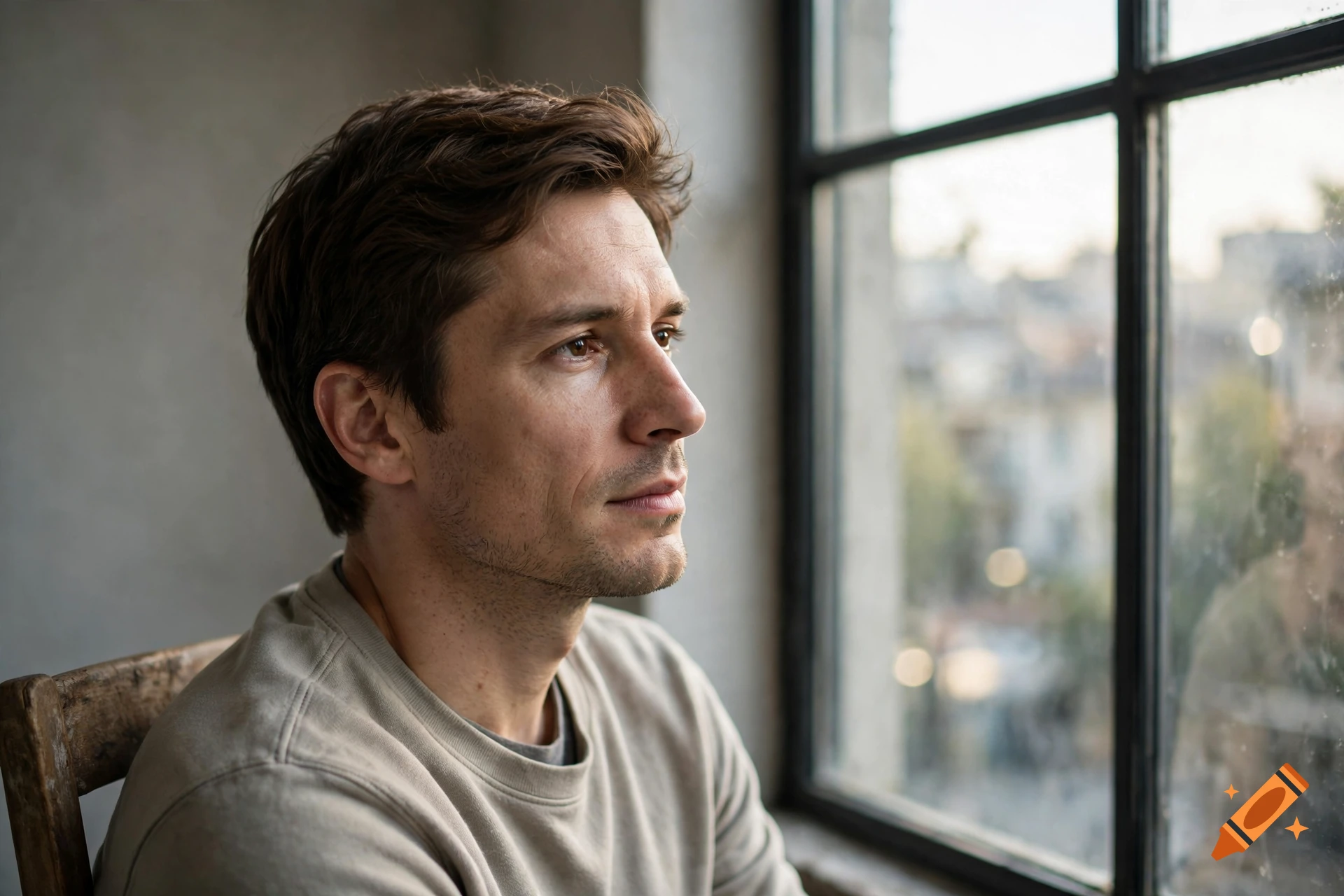 A young man with dark hair gazing thoughtfully out of a large window.