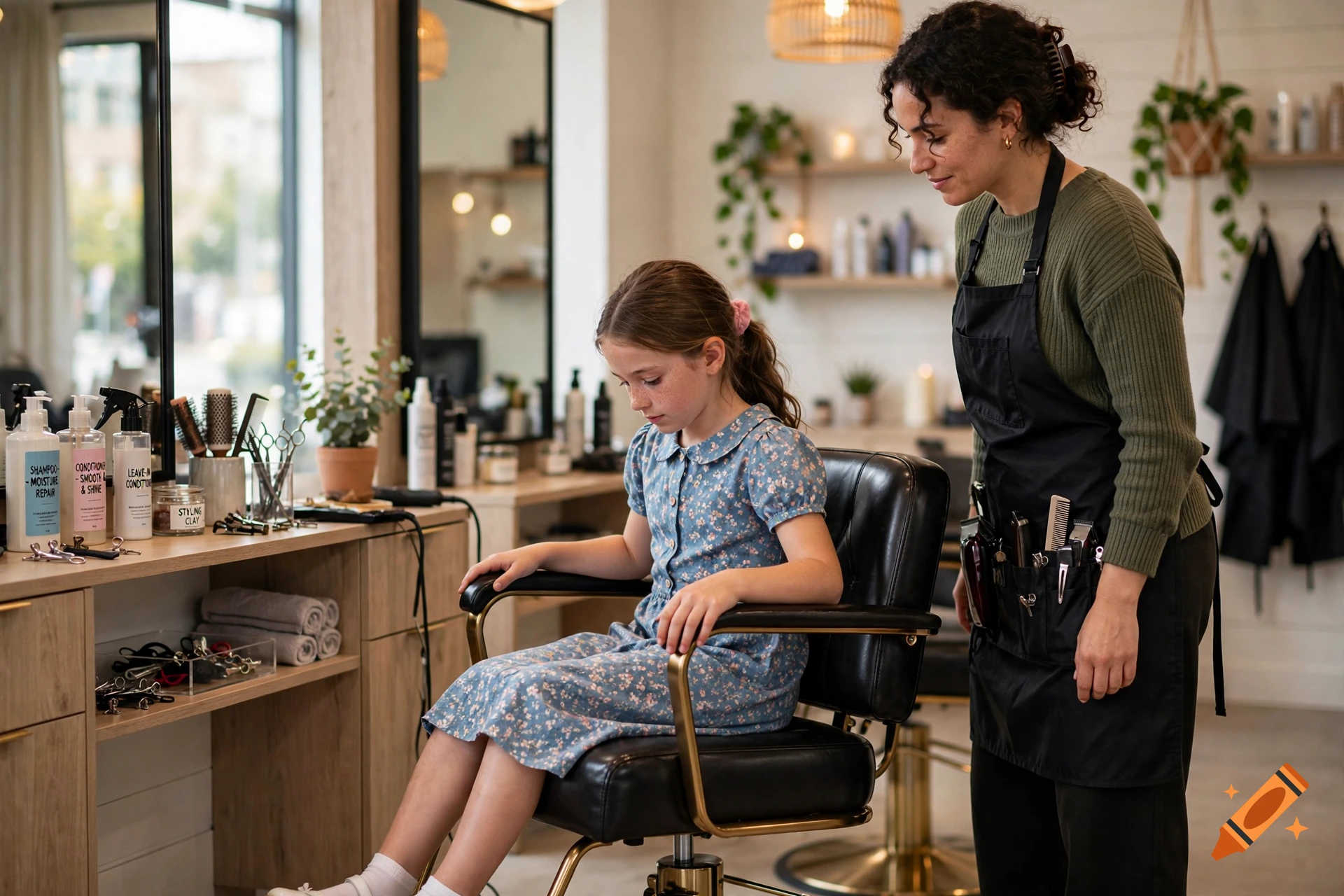 A young girl sitting in a salon chair while a stylist with a black apron prepares to cut her hair.