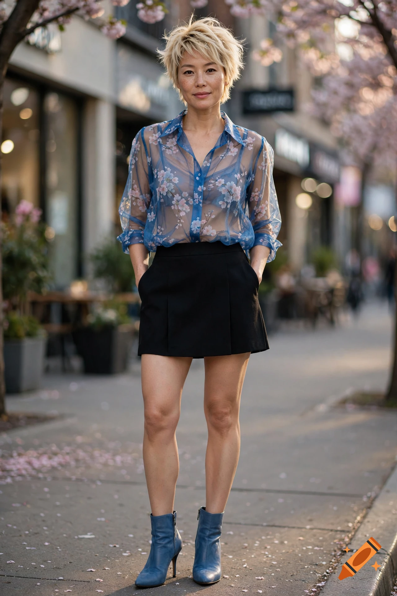 Full-length photorealistic shot of a 35-year-old Asian woman with short bleached hair, wearing a sheer blue floral blouse, black skirt, and blue ankle boots on a city street.