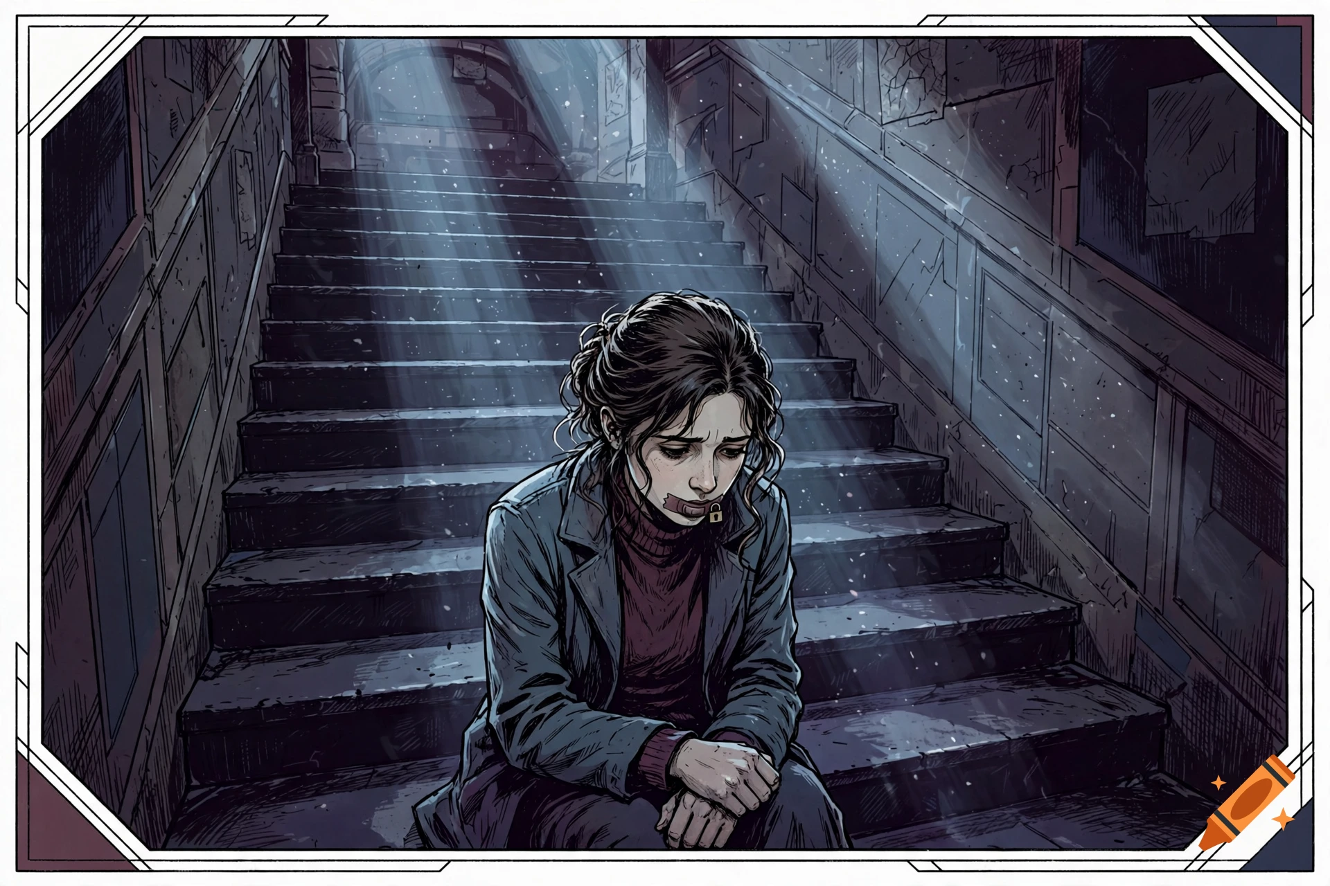 Comic style illustration of a young woman sitting on stone stairs in a hallway, looking down with a padlock on her mouth.
