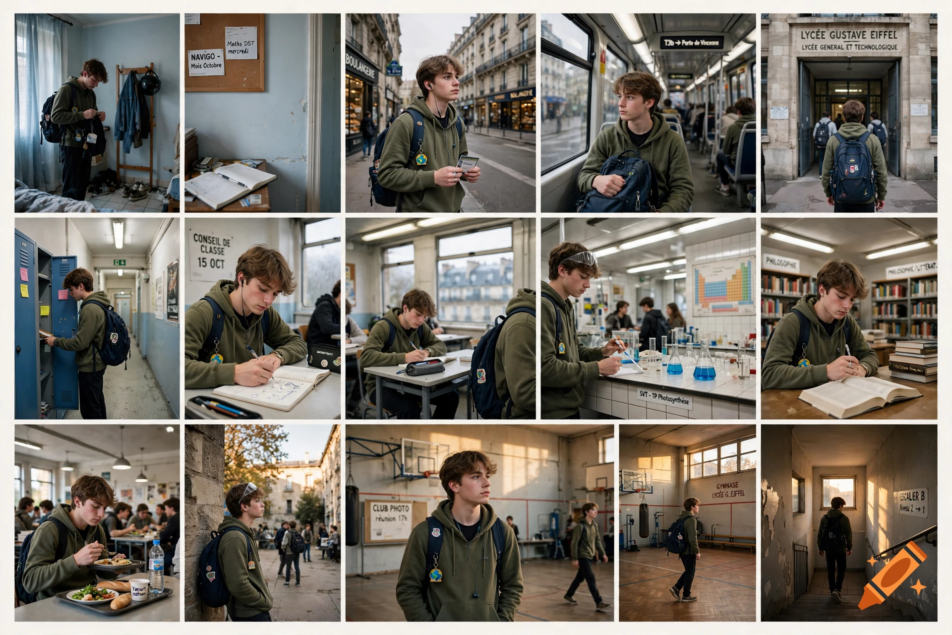 A collage of 12 photorealistic panels showing a high school student in a green hoodie throughout his school day in Paris.