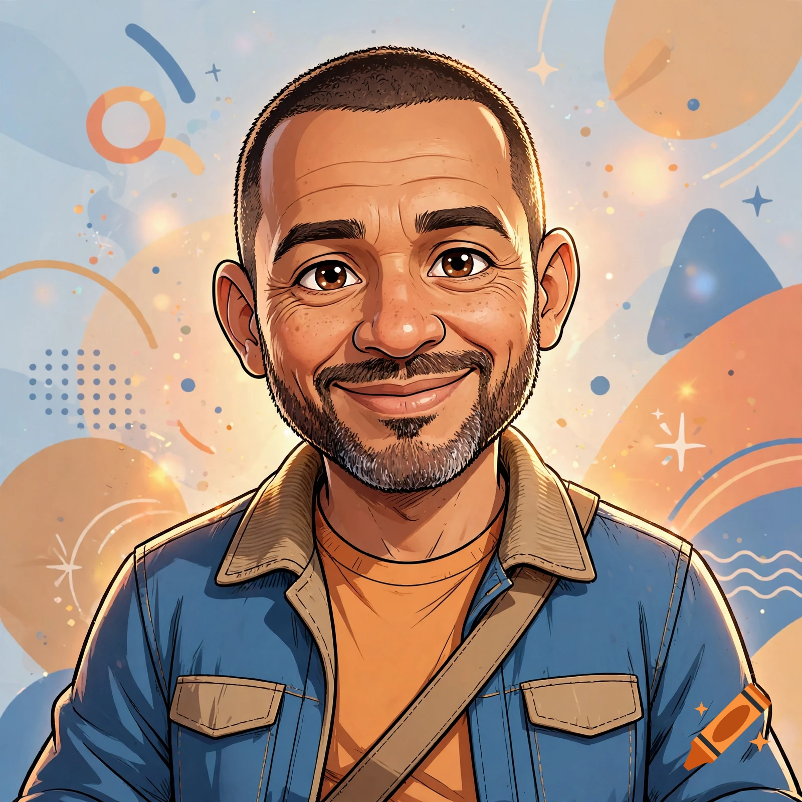 Digital cartoon portrait of a smiling middle-aged man with short hair, a short beard, and a blue denim jacket against a colorful abstract background.