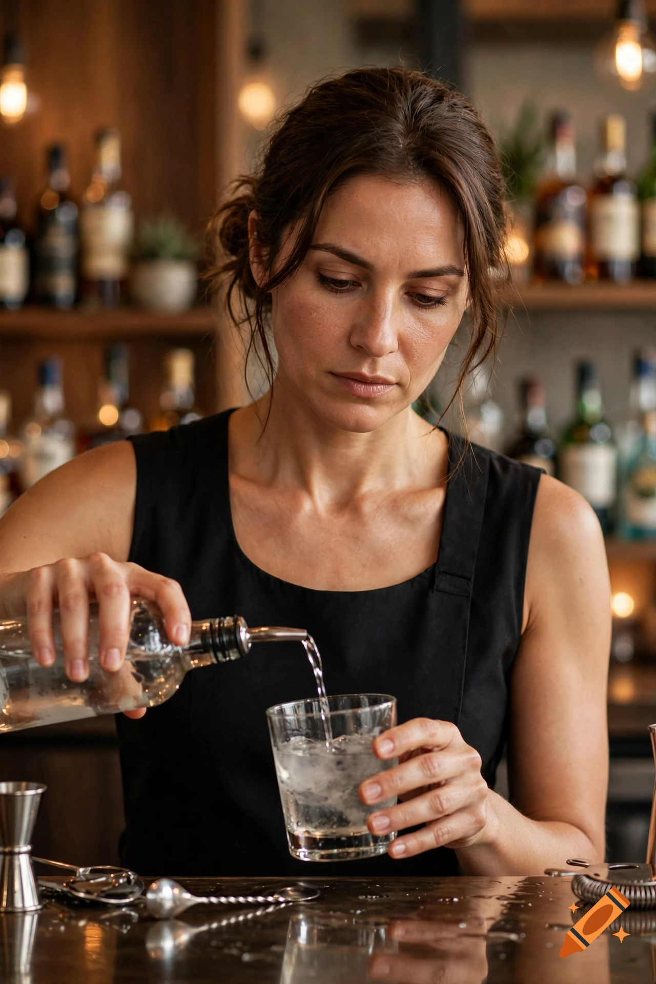 Photorealistic image of a female bartender pouring a drink from a glass bottle into a rocks glass at a bar.