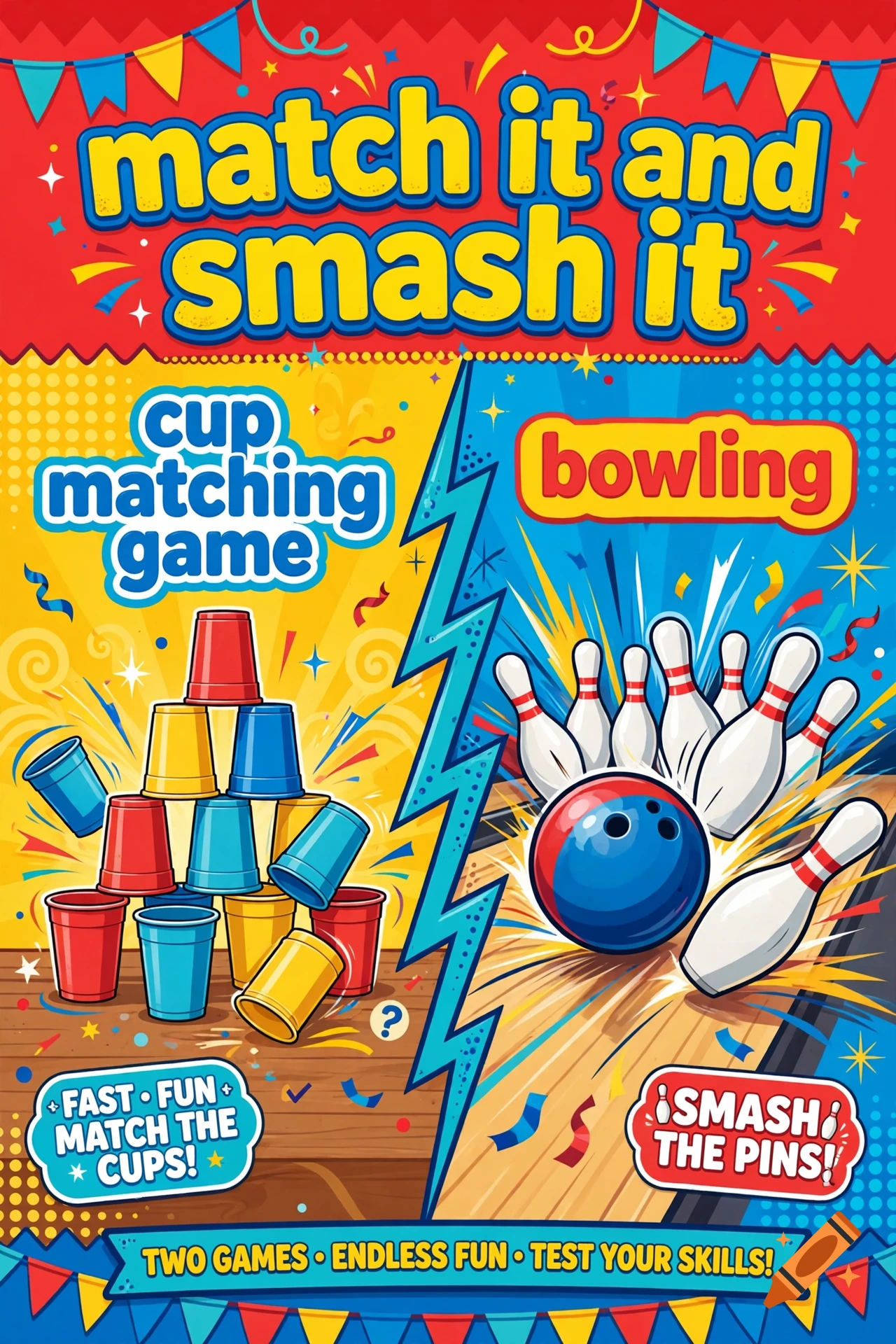 Colorful promotional poster for match it and smash it featuring cup matching game and bowling, vector illustration style.